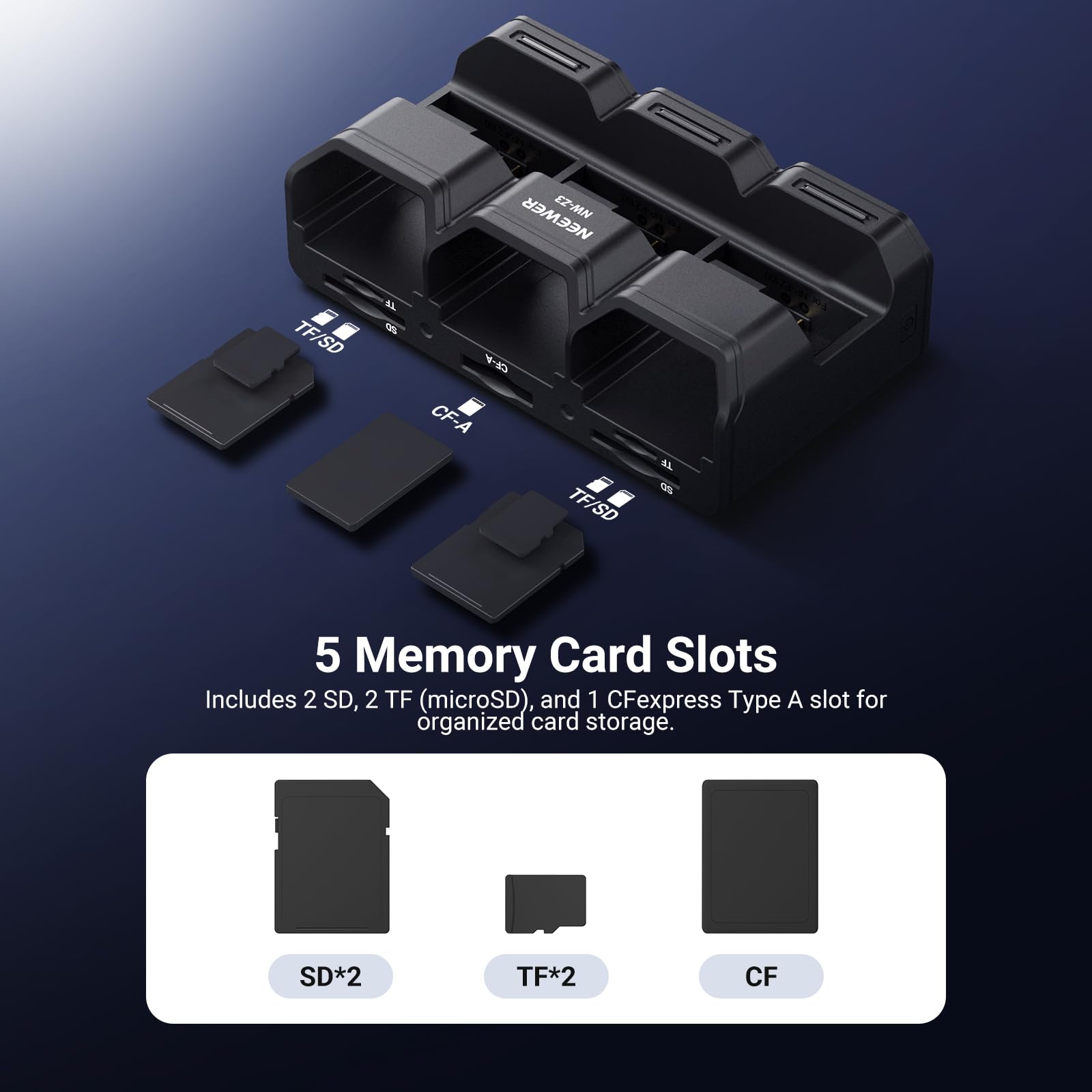 NEEWER EZ-MN TF/SD TF SD AL a CF-A CF-A TF/SD TF SD SL O 5 Memory Card Slots Includes 2 SD, 2 TF (microSD), and 1 CFexpress Type A slot for organized card storage. SD*2 TF*2 CF