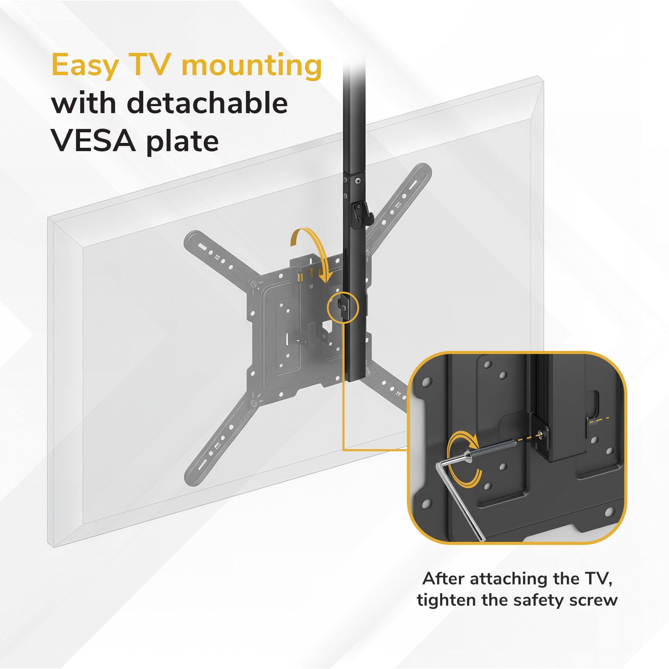 Easy TV mounting with detachable VESA plate

After attaching the TV, tighten the safety screw