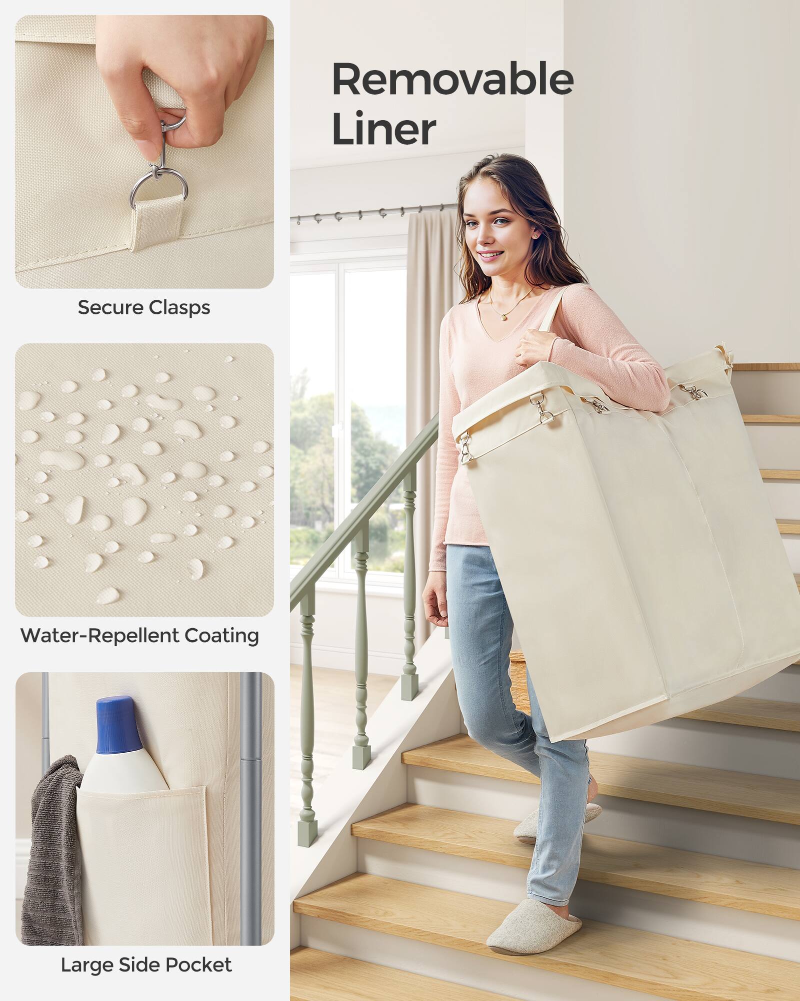 - Removable Liner
- Secure Clasps
- Water-Repellent Coating
- Large Side Pocket
