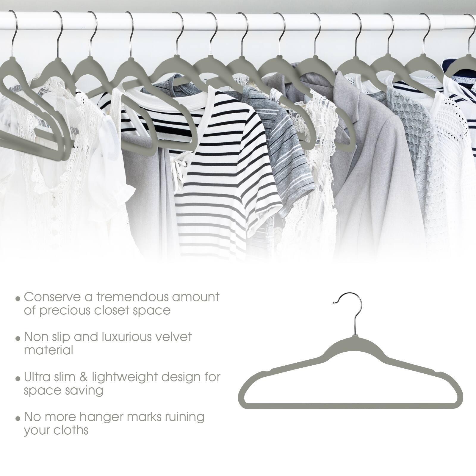 Conserve a tremendous amount of precious closet space

Non slip and luxurious velvet material

Ultra slim & lightweight design for space saving

No more hanger marks ruining your clothes