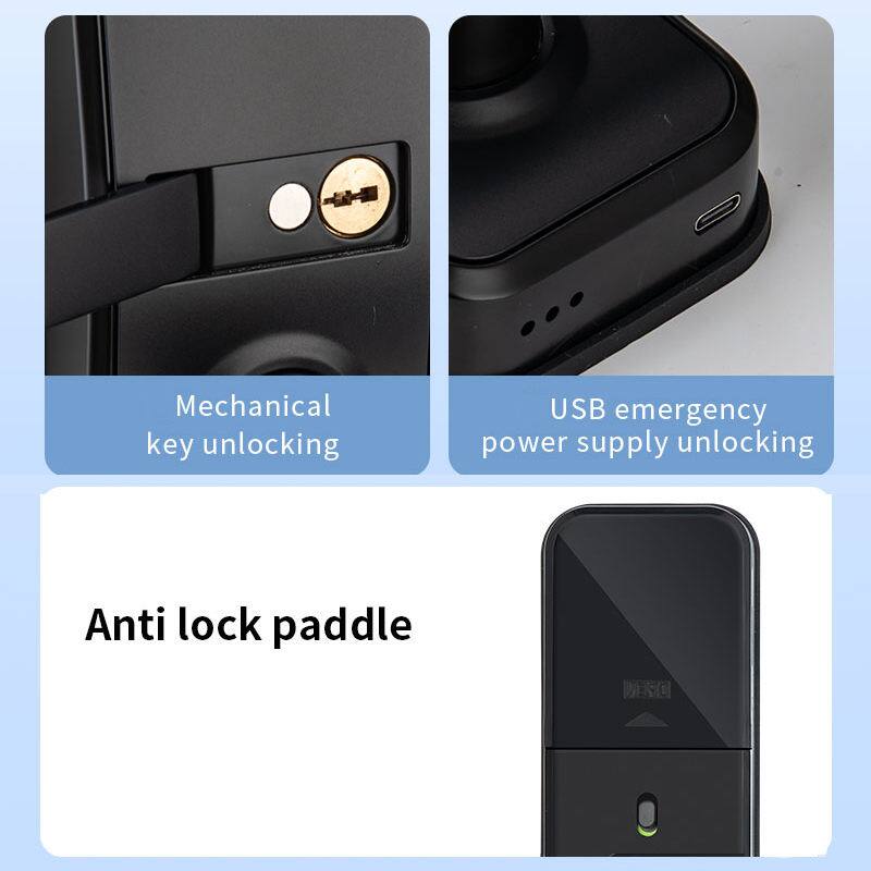 Mechanical key unlocking  
USB emergency power supply unlocking  
Anti lock paddle