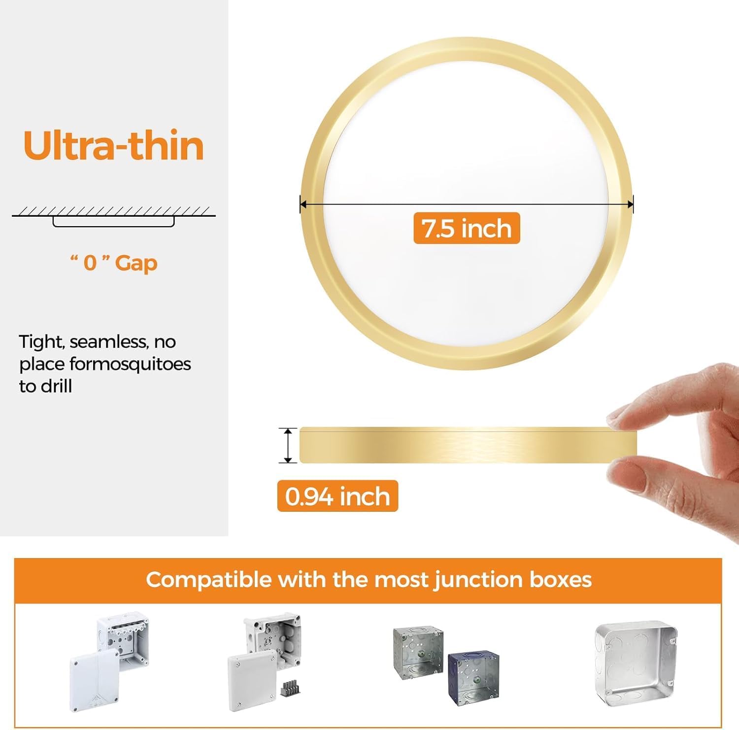Ultra-thin  
"0" Gap  
7.5 inch  
Tight, seamless, no place for mosquitoes to drill  
0.94 inch  
Compatible with the most junction boxes
