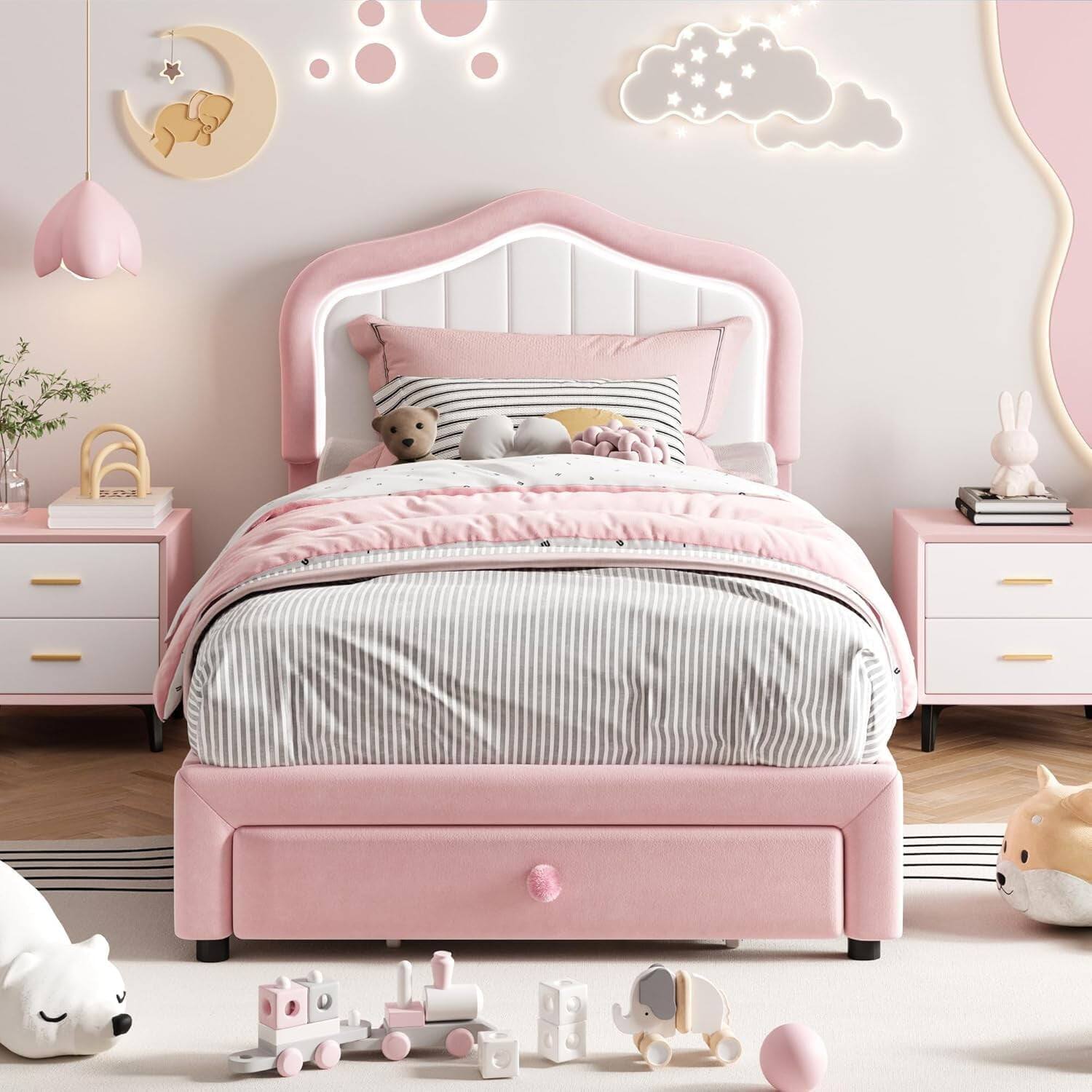 Front. Homhougo - Twin LED Upholstered Bed Frame, Pink/White, Storage Drawer, Velvet, Wooden Slats - Pink White Twin.