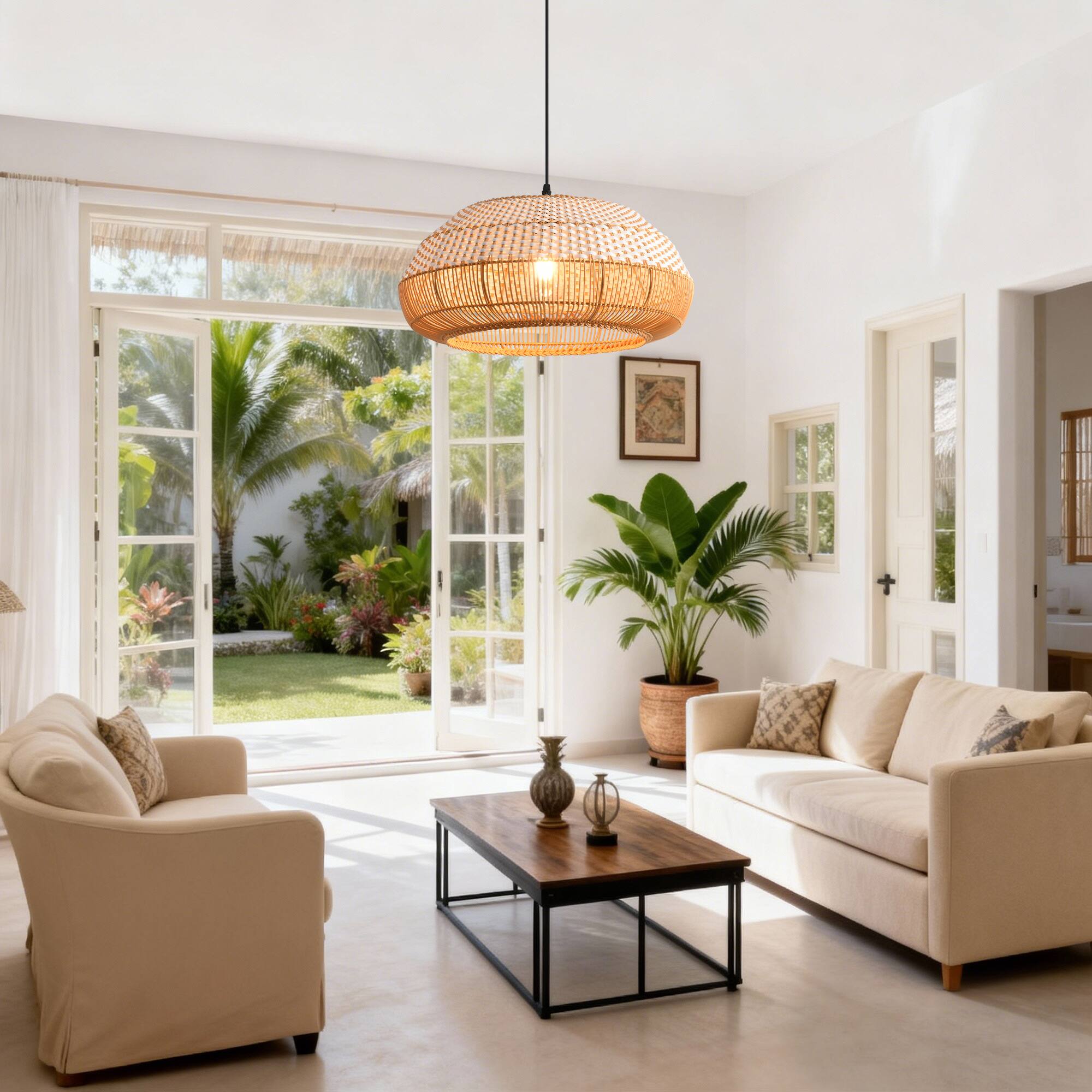 Angle. Parrot Uncle - 1-Light Coastal Retro Brown Rattan Hand-Woven Cloche Hanging Cage Pendant Light - Brown.