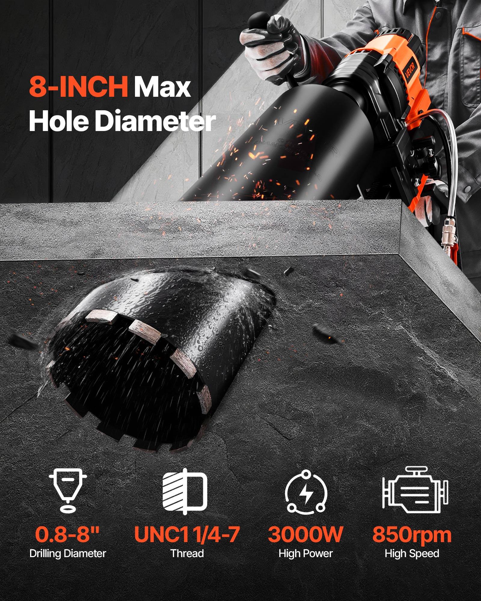 8-INCH Max Hole Diameter

VEVOR

0.8-8" Drilling Diameter
UNC1 1/4-7 Thread
3000W High Power
850rpm High Speed