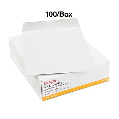 100/Box  
Staples  
9 x 12 Catalog Envelopes  
Gummed  
Kraft Gray  
9 x 12  
100