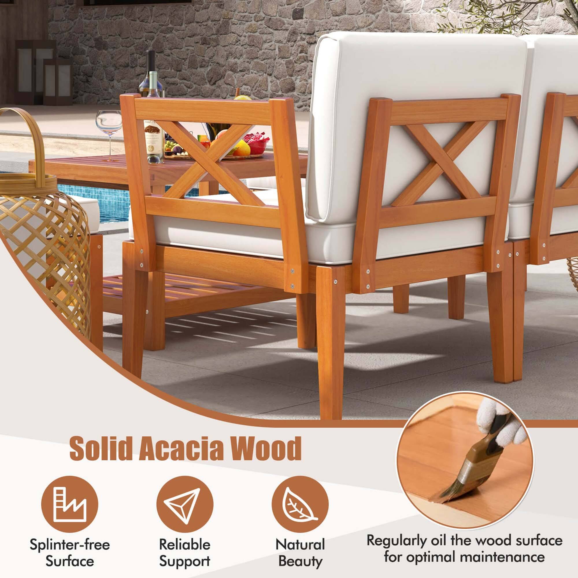 The text on the image is grouped and corrected as follows:

"Solid Acacia Wood Splinter-free Surface Reliable Support Natural Beauty Regularly oil the wood surface for optimal maintenance."