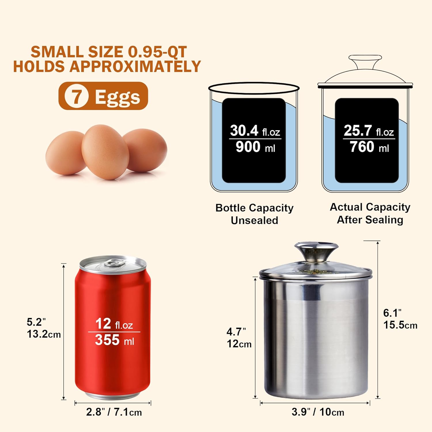 SMALL SIZE 0.95-QT HOLDS APPROXIMATELY 7 Eggs

Bottle Capacity
- Unsealed: 30.4 fl.oz / 900 ml
- Actual Capacity After Sealing: 25.7 fl.oz / 760 ml

Dimensions:
- 5.2" / 13.2cm
- 4.7" / 12cm
- 6.1" / 15.5cm
- 2.8" / 7.1cm
- 3.9" / 10cm