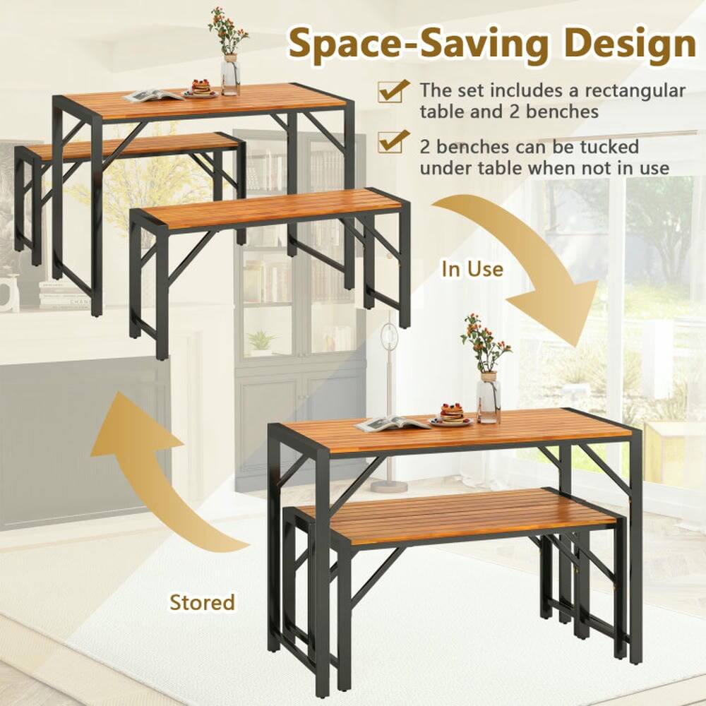 Space-Saving Design

- The set includes a rectangular table and 2 benches
- 2 benches can be tucked under table when not in use

In Use  
Stored