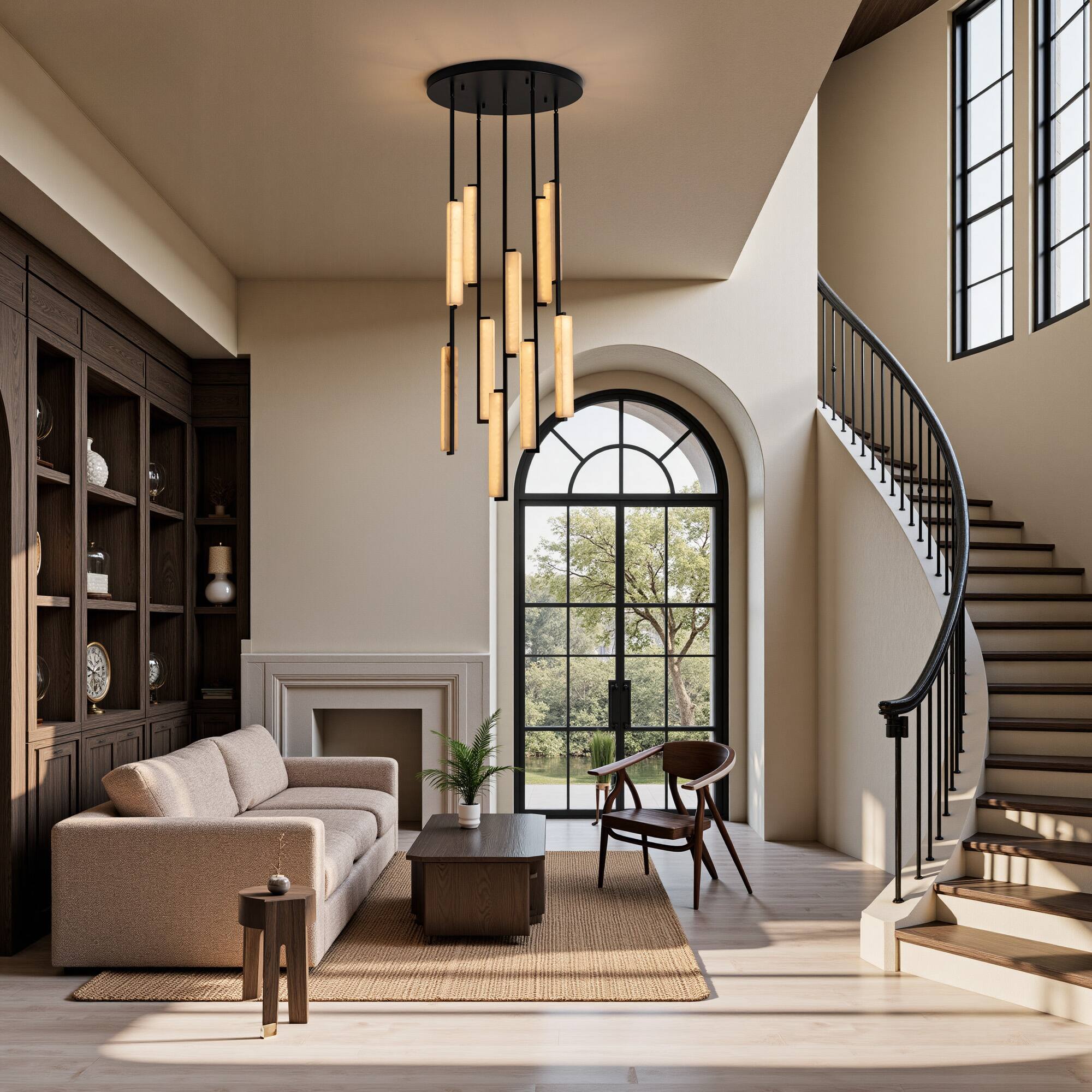 Left. Siljoy - 24 In Black Alabaster 10-Light LED Staircase Chandelier, 3 Color Changing, for Living Room and High Ceiling Foyer - Black.