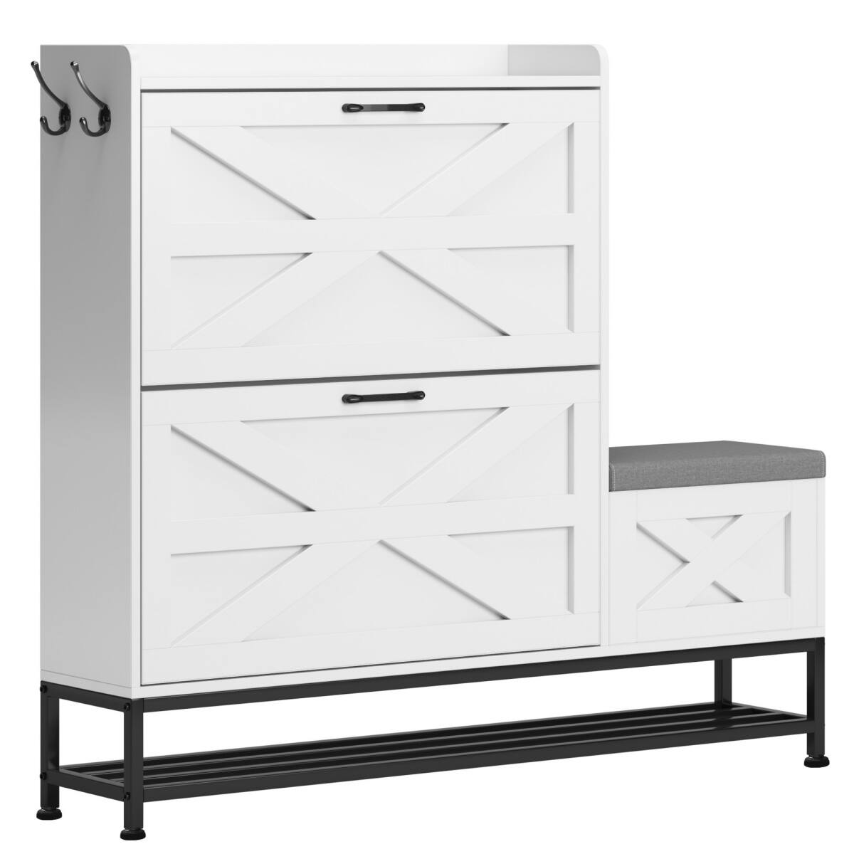 Front. HTUTWOO - Farmhouse Shoe Cabinet with Built-In Bench – Large Capacity 16-Pair Storage Organizer for Entryway & Small Spaces - White.