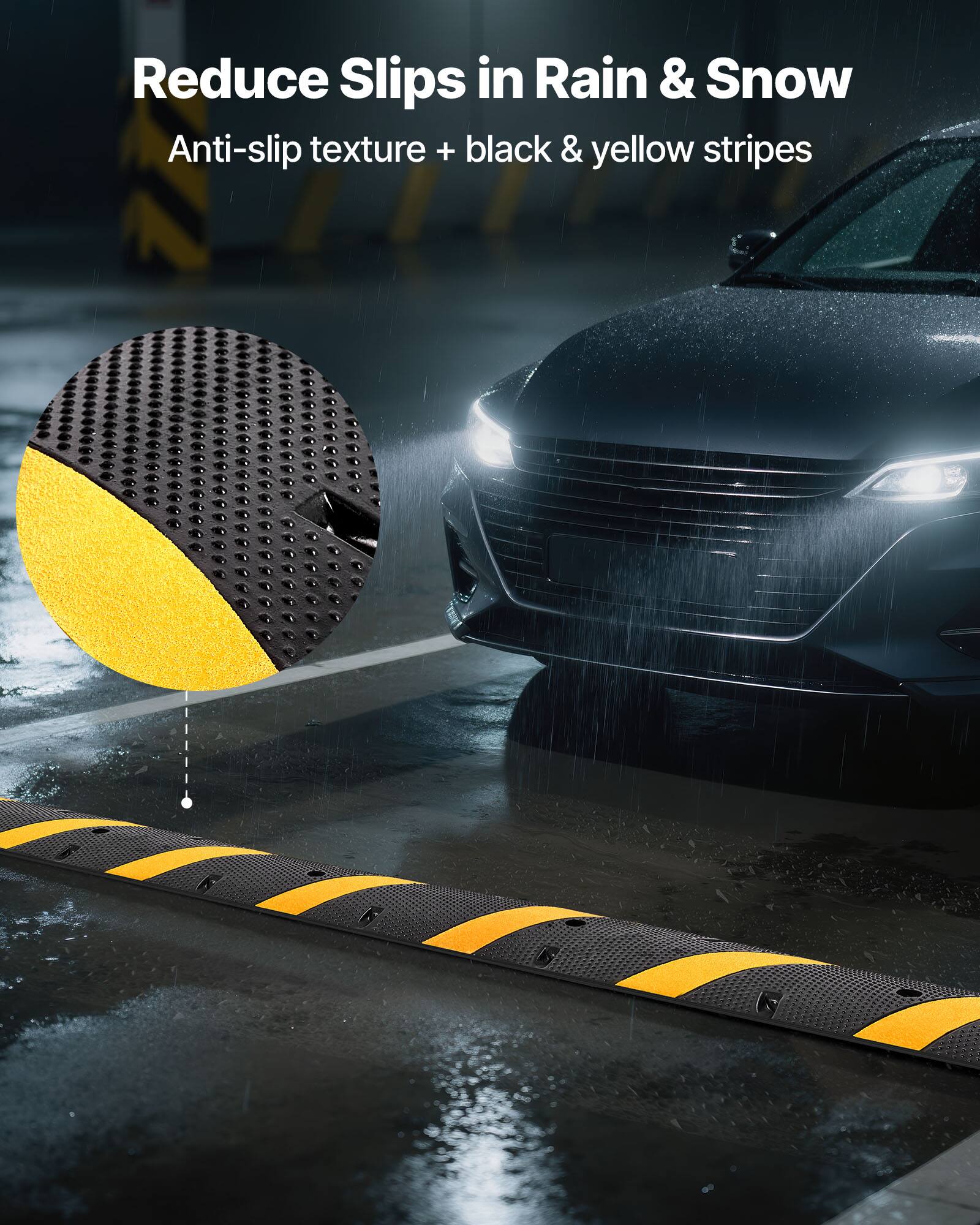 Reduce Slips in Rain & Snow  
Anti-slip texture + black & yellow stripes