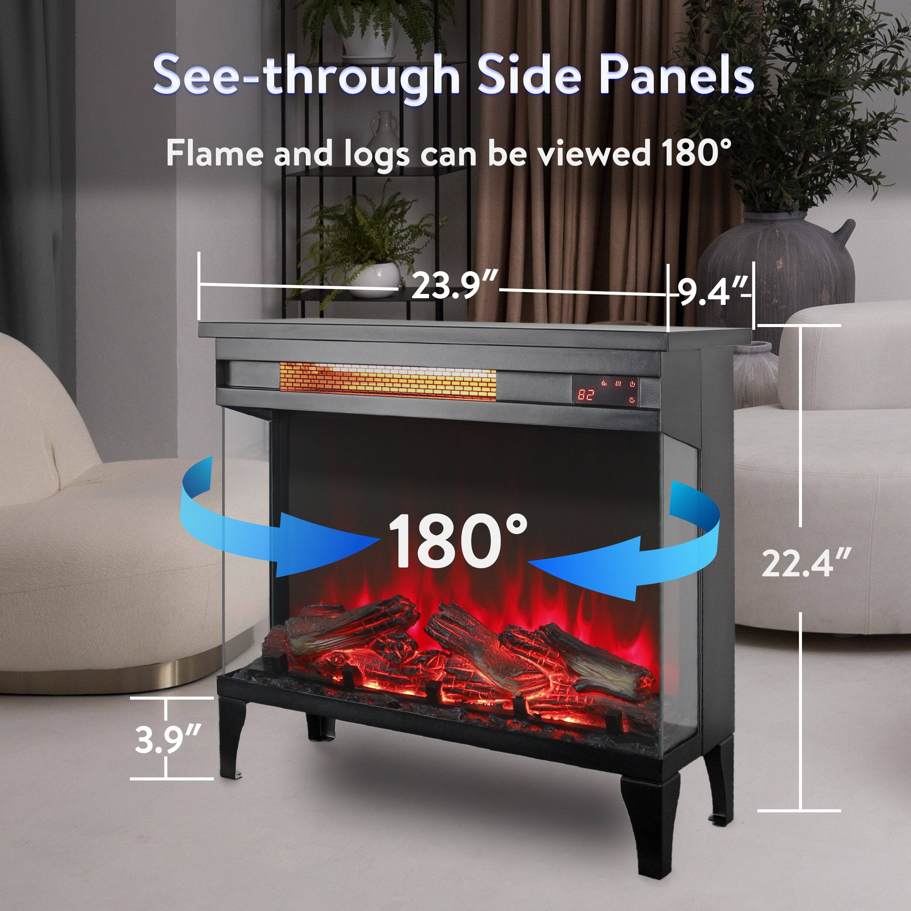 See-through Side Panels, Flame and logs can be viewed 180, 23.9", 9.4", 180, 22.4", 3.9"
