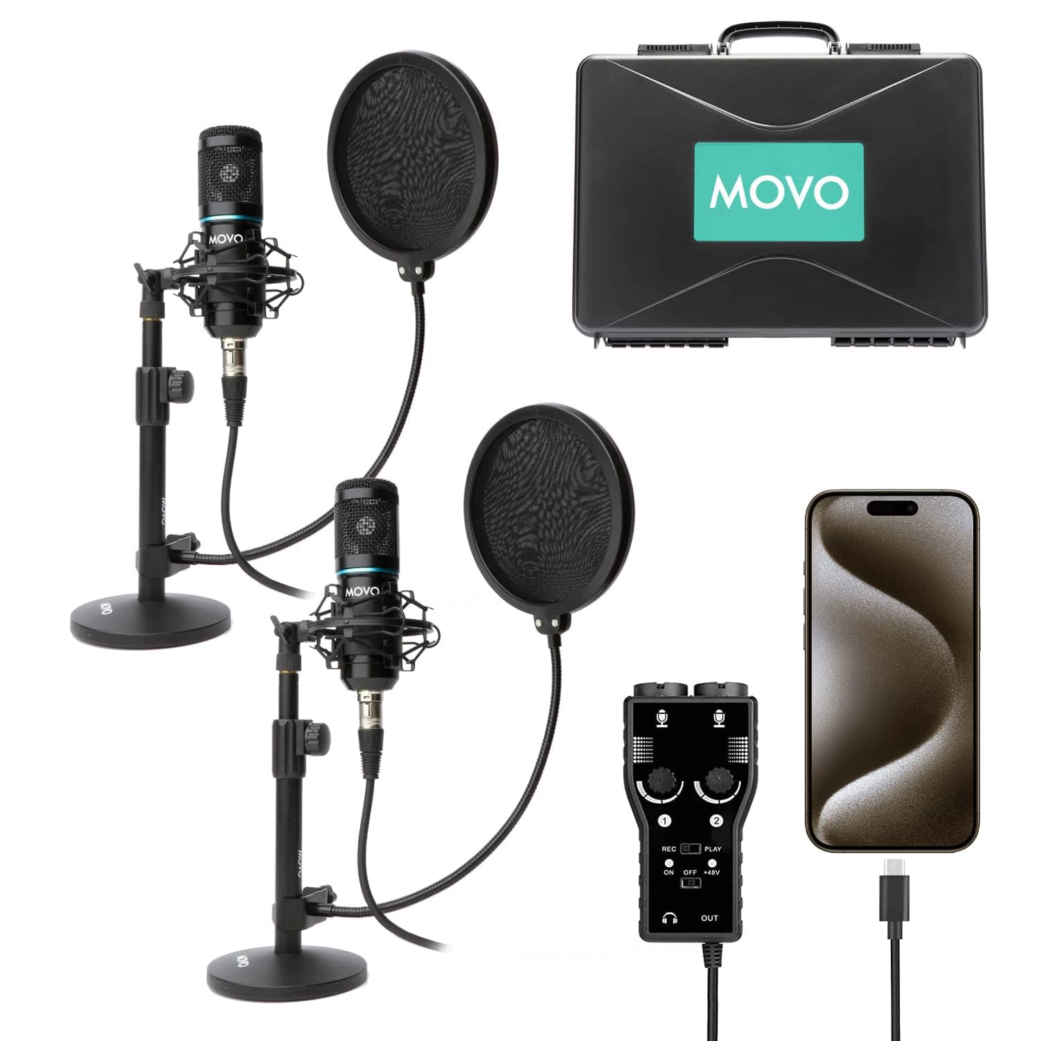 MOVO - iPhone 15/16 USB-C Podcast Equipment Bundle Compatible with iPhone 15/16, iPad-Pro (USB-C)
