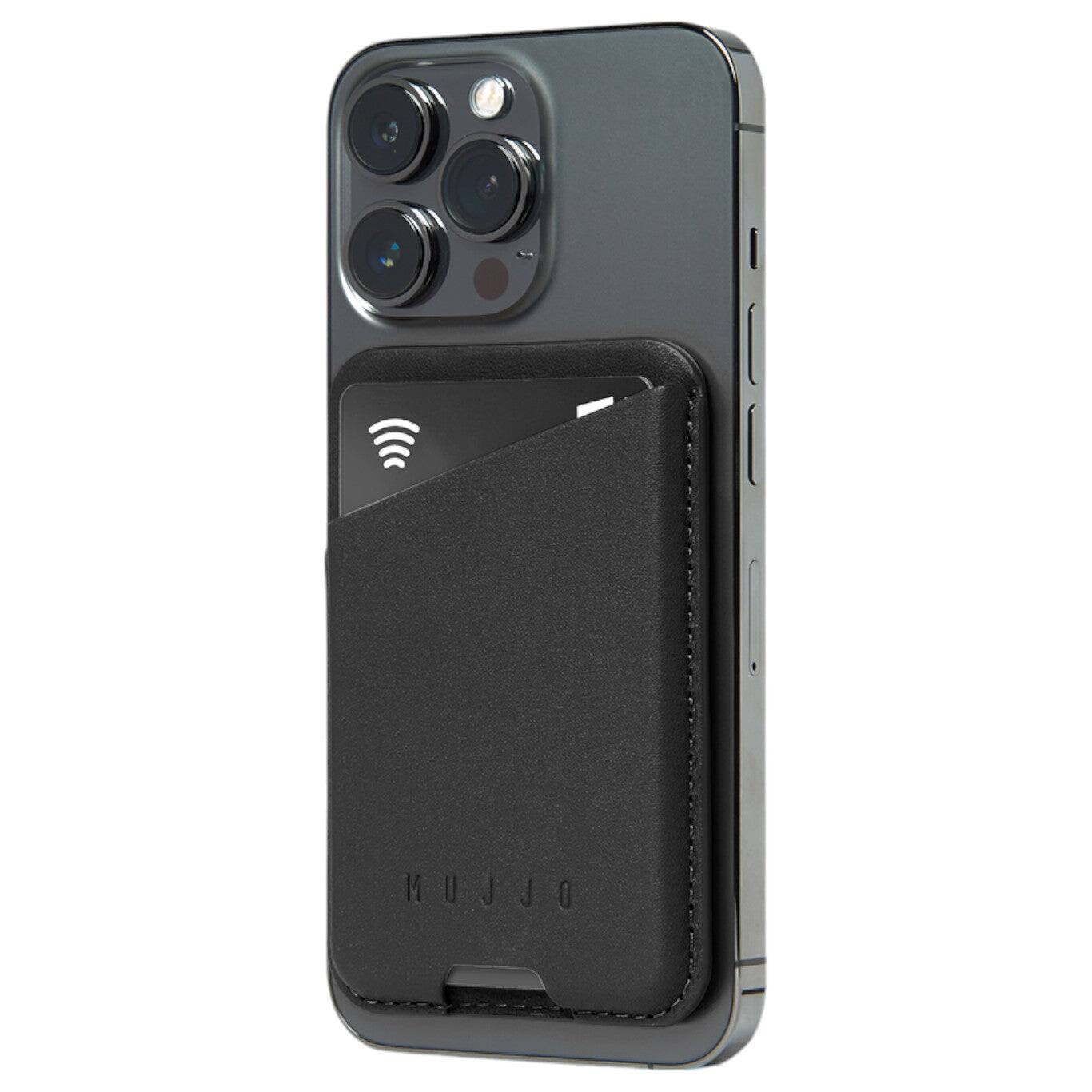 Front. Mujjo - Full Leather Magnetic Wallet for Apple iPhone - Black.