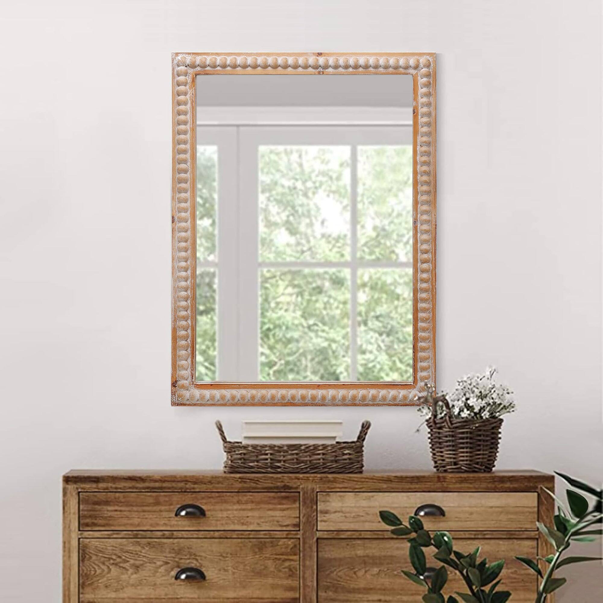 Alt View 8. BreeBe - 22x30 Wood Framed Wall Mirror for Bathroom Farmhouse Rectangle Vanity Mirror Horizontal/Vertical with Beading - Antique Natural.