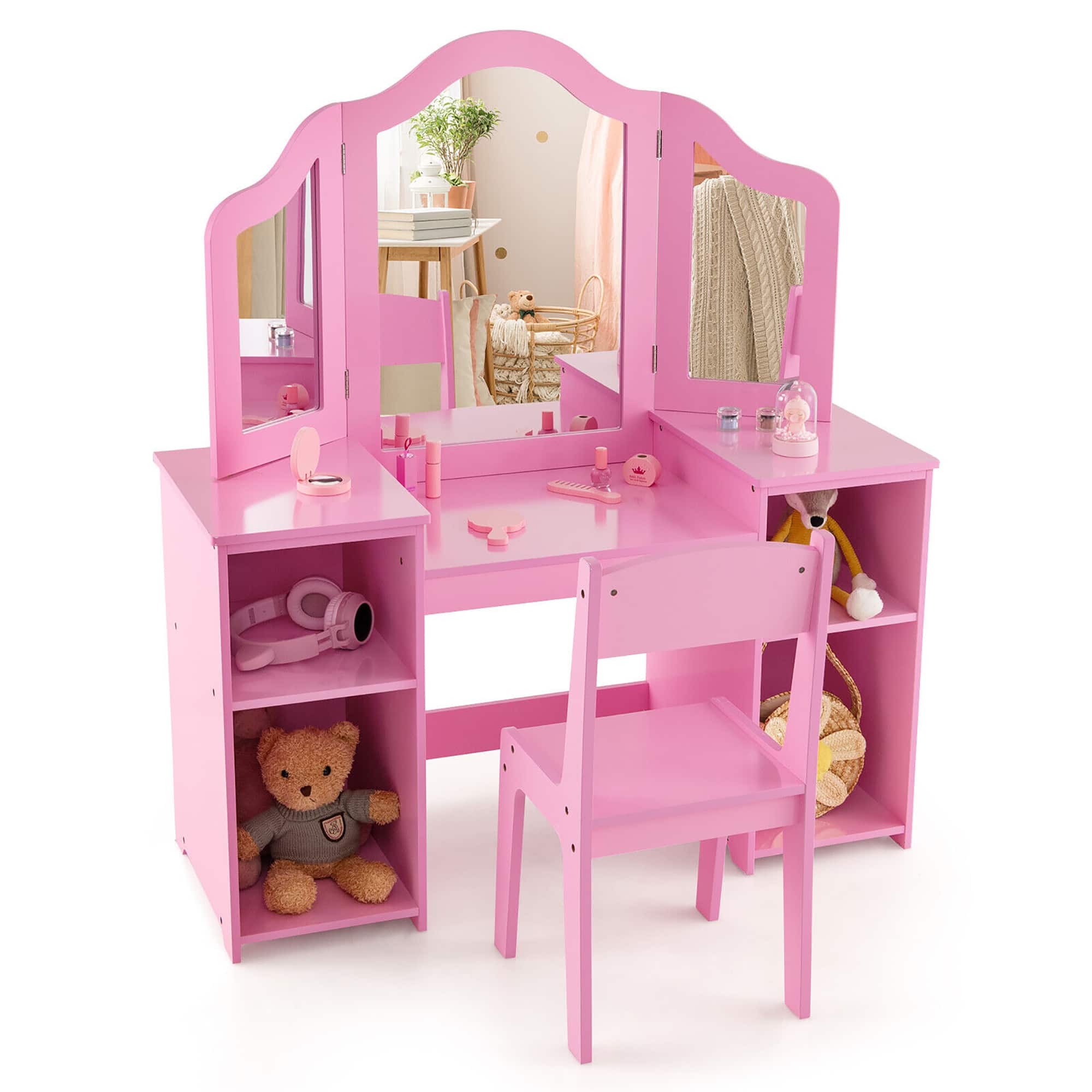 Gymax - Kids Vanity 2 in 1 Princess Makeup Desk & Chair Set Safe Tri-fold Mirror - Pink