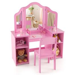 Gymax - Kids Vanity 2 in 1 Princess Makeup Desk & Chair Set Safe Tri-fold Mirror - Pink