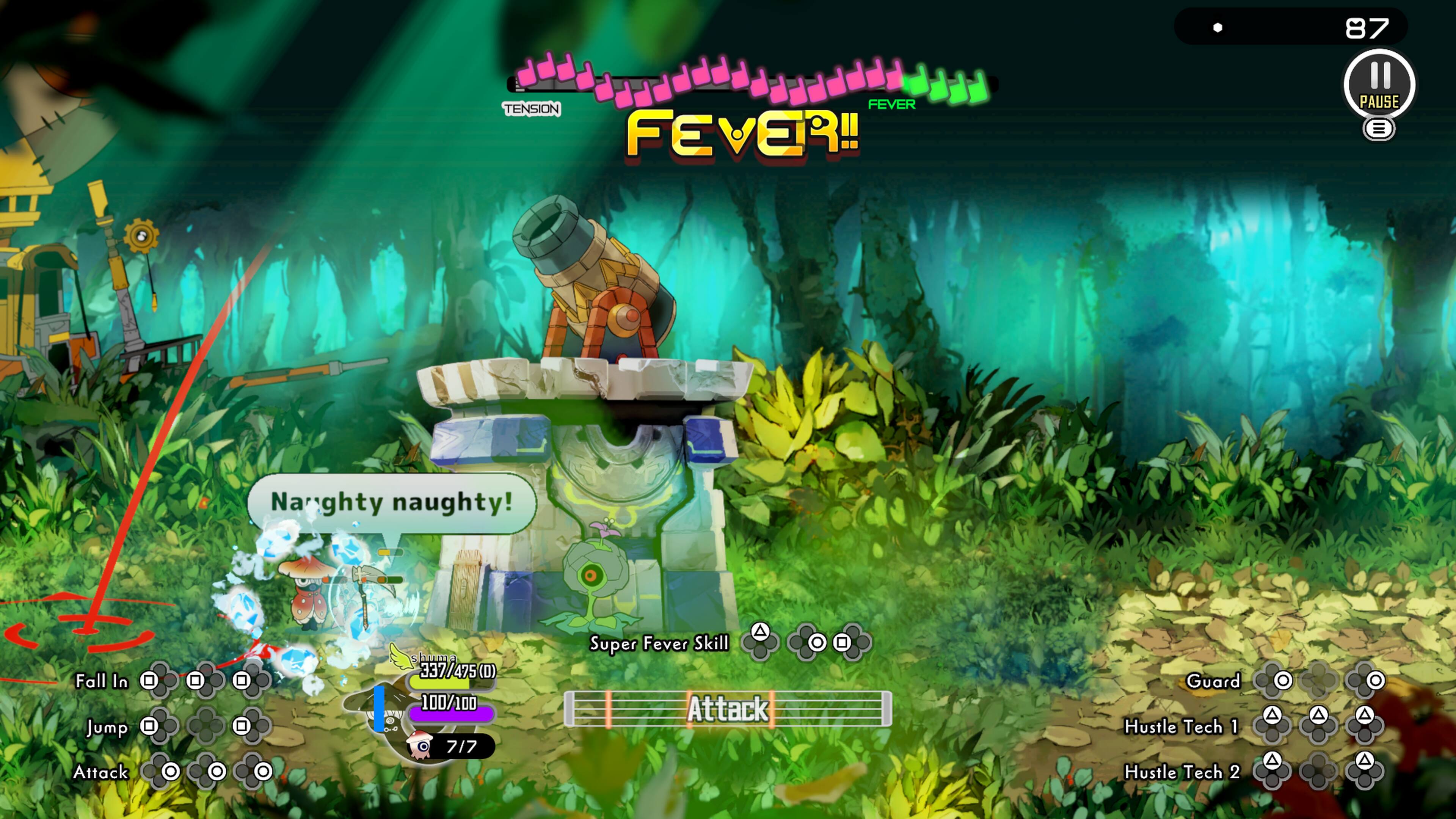 87 TENSION FEVER! PAUSE = Naughty naughty! Fall In Jump Attack  
1 337/475 (0) 100/100  
717 Super Fever Skill Attack Guard Hustle Tech 1 Hustle Tech 2 A A A