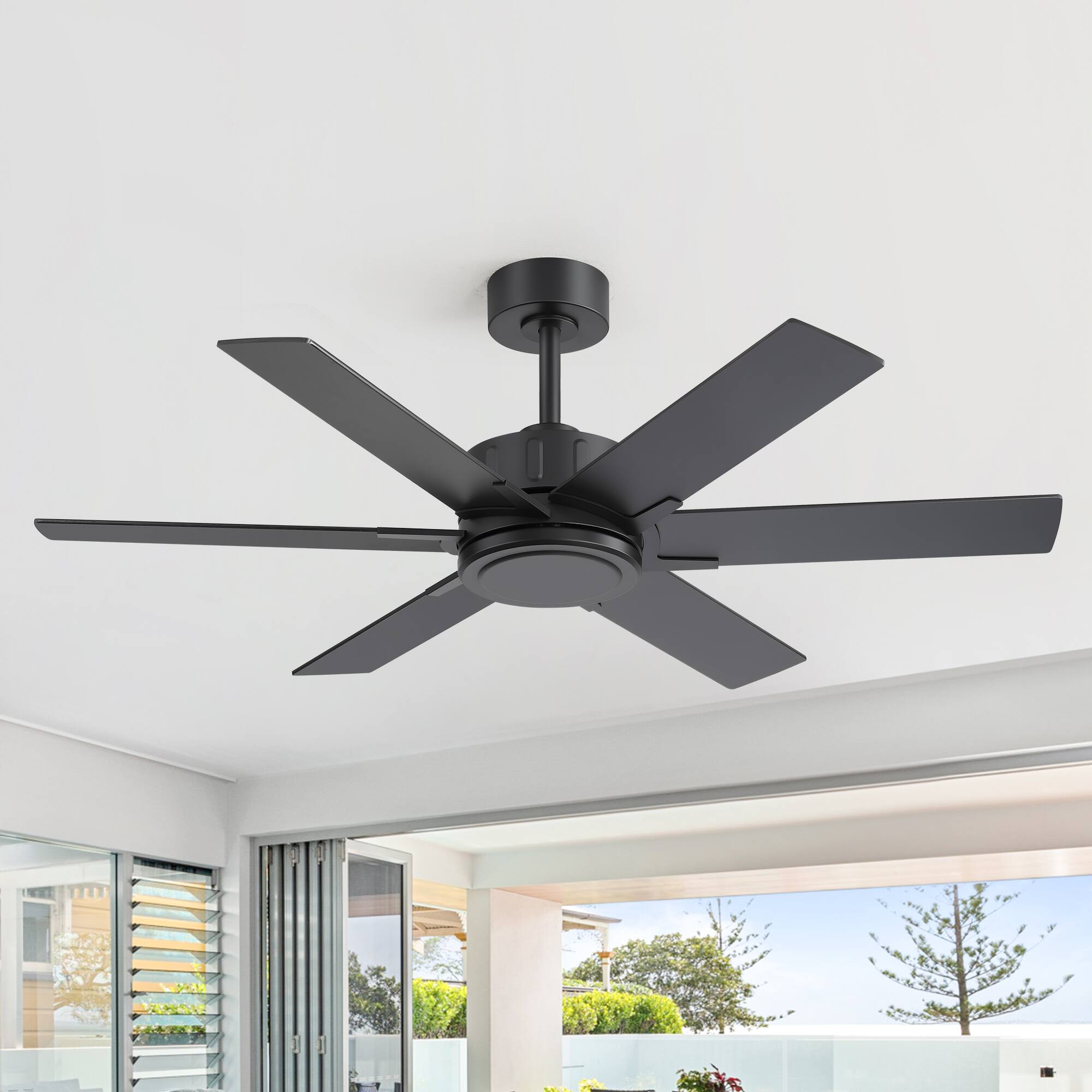 Angle. Breezary - 48-Inch Modern Versatile Ceiling Fan with 6 Plywood Blades, DC Motor, 6-Speed Remote, Timer, Downrod Mount - 48-Inch Black and Walnut.