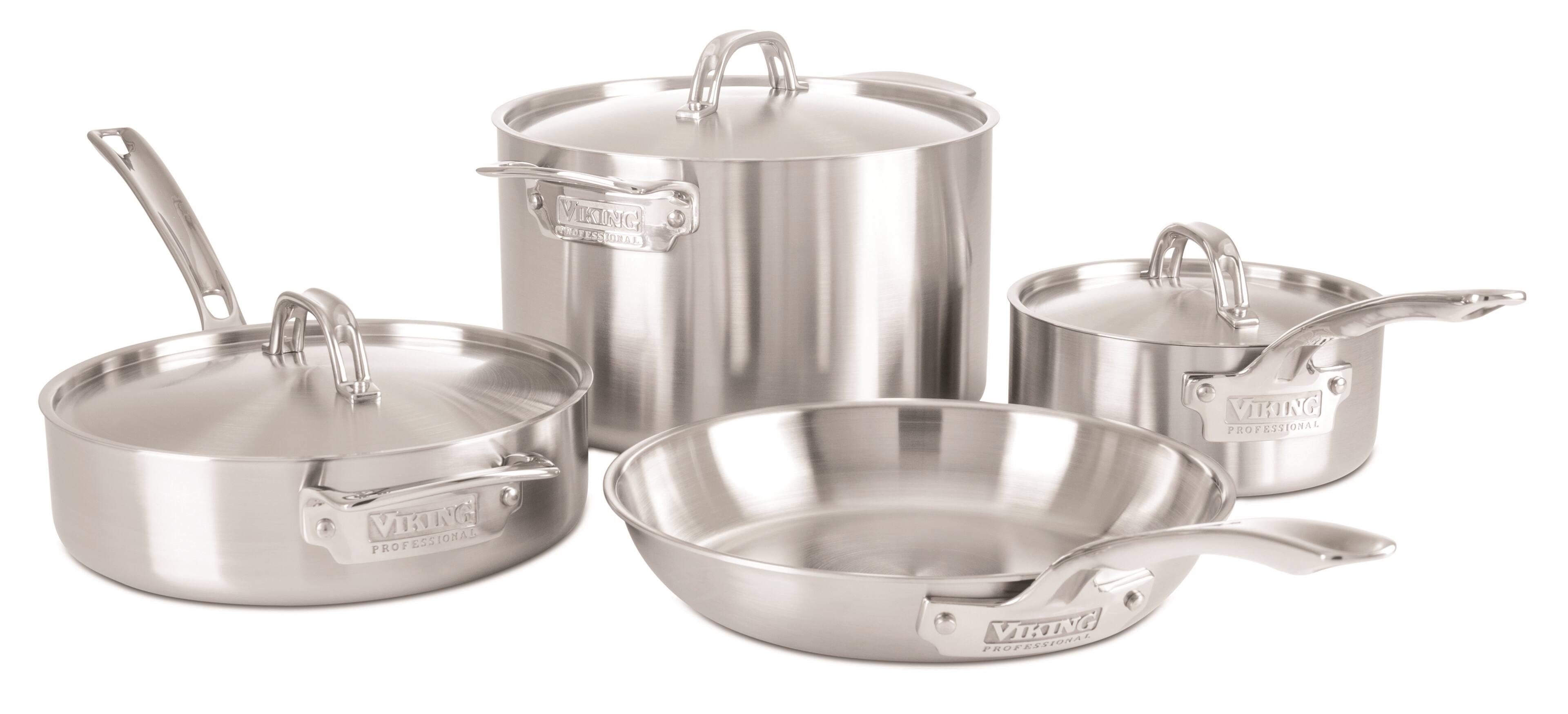 Angle. Viking - Professional 5 Ply, 7 Piece Cookware Set- Satin - Stainless Steel.