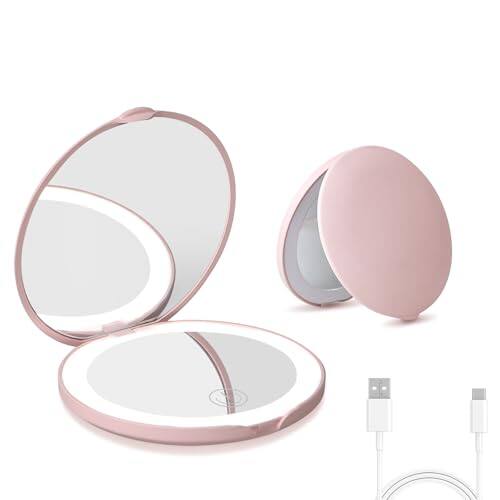 Earthley Blooms - Compact Mirror With Light Dimmable Pocket Rechargeable Mini For Purse Travel And Present Folding Handheld 2-sided Round - Pink