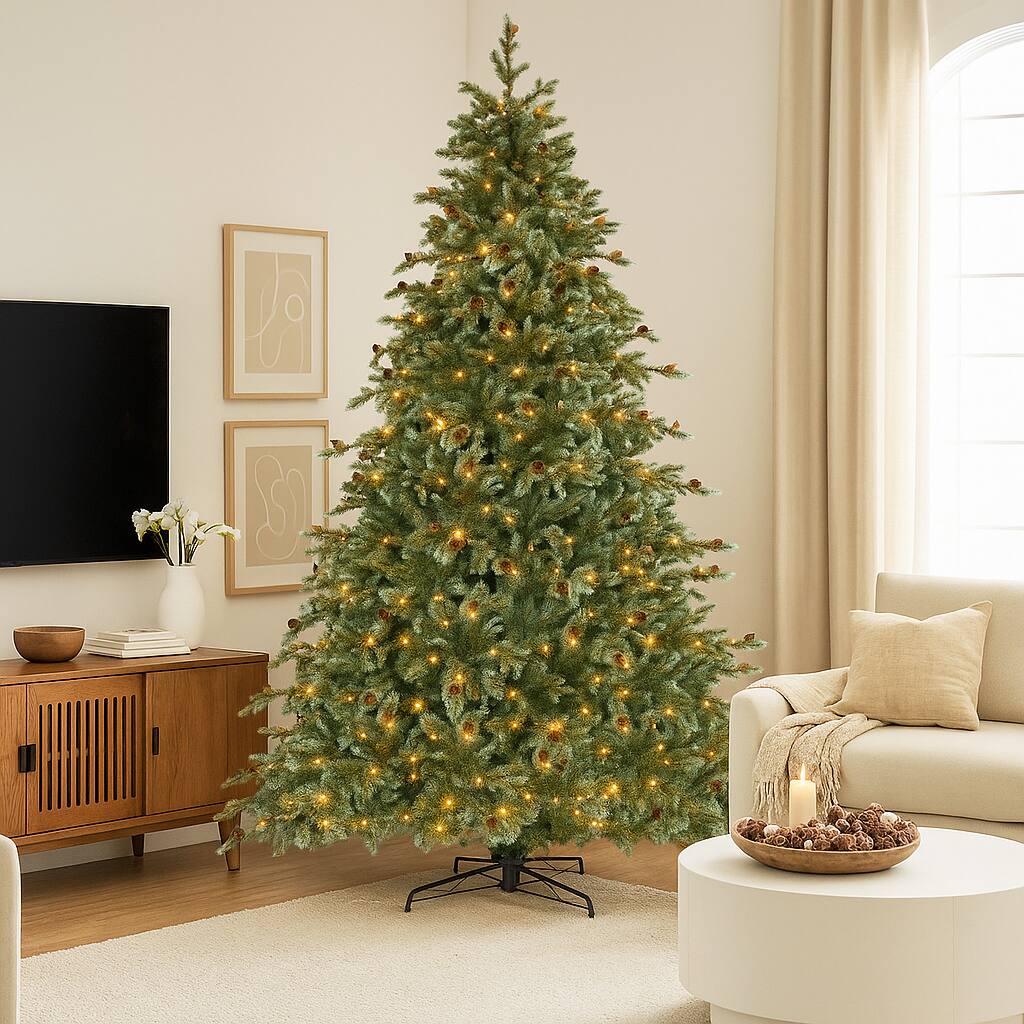 Front. BreeBe - Artificial Xmas Tree with Pine Cones and LED Lights – 6/7/8 FT Sizes - Green.