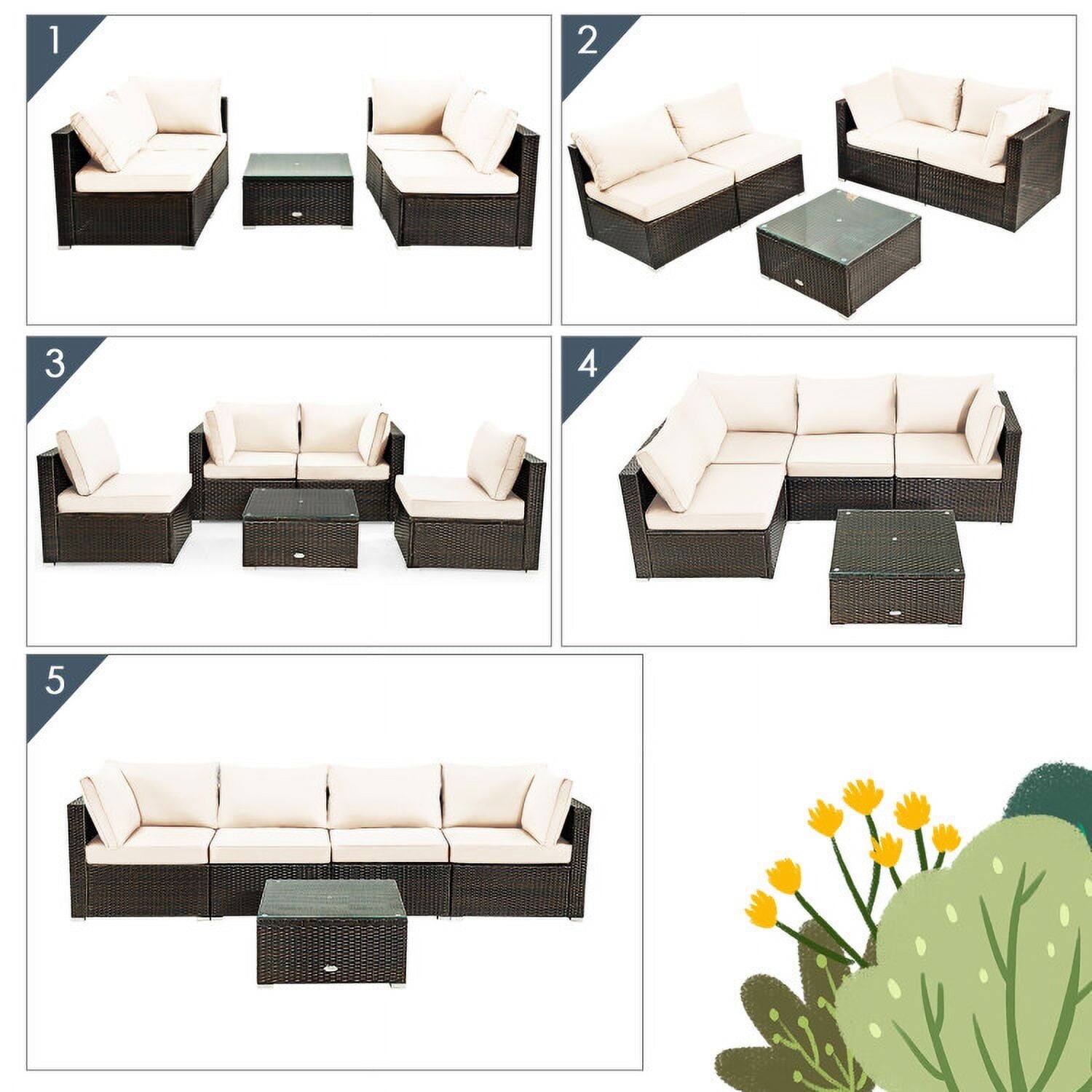 Back. Pefilos - 5 Pieces Cushioned Patio Rattan Furniture Set with Glass Table-White, Wicker Furniture Conversation Sets - White.