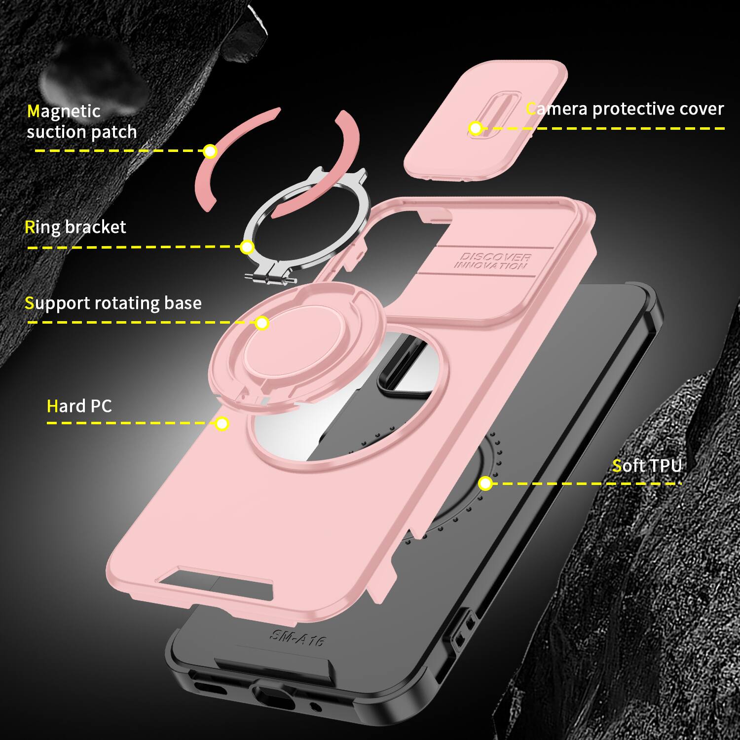 Magnetic suction patch  
Camera protective cover  
Ring bracket  
DISCOVER INNOVATION  
Support rotating base  
Hard PC  
Soft TPU  
SM-A16