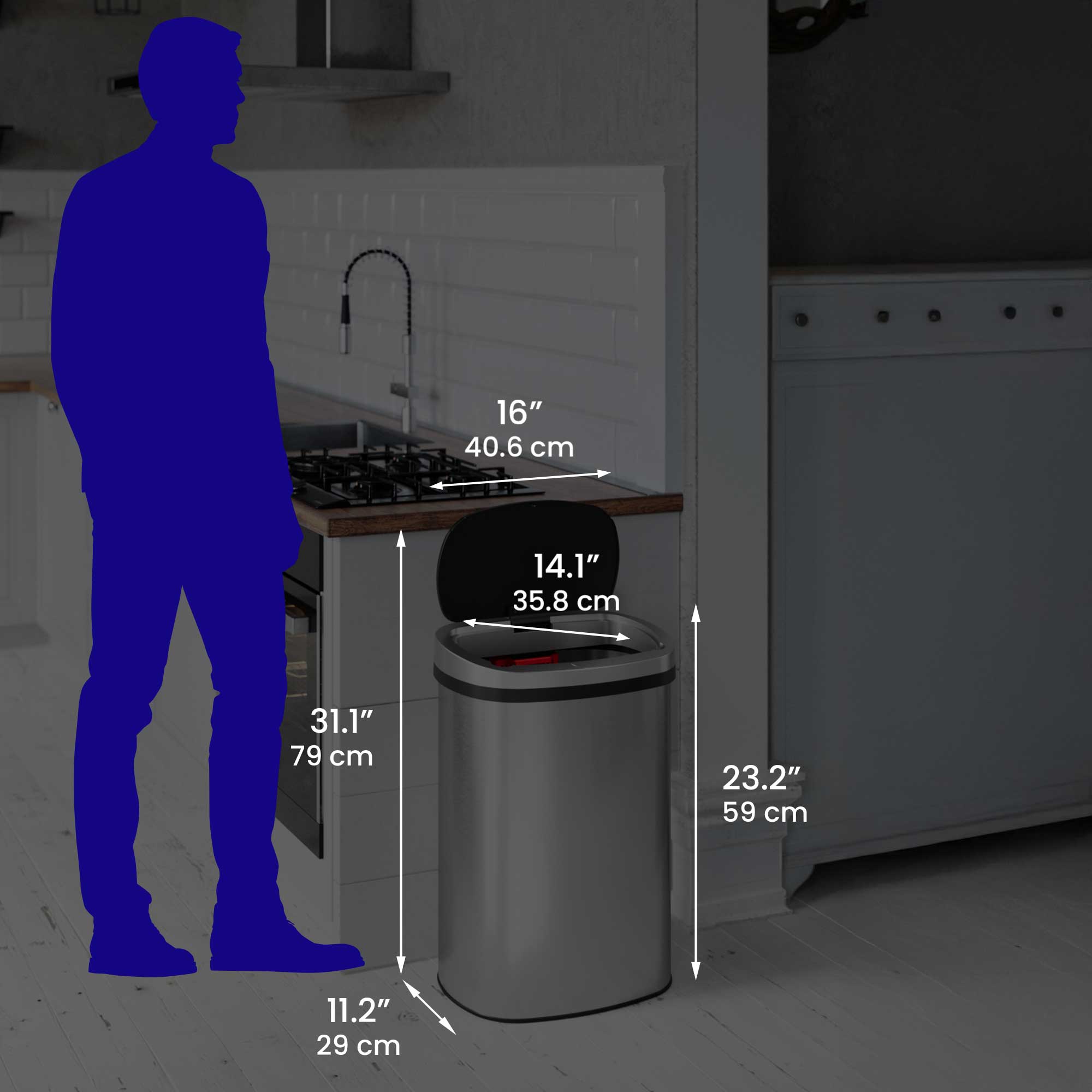 16" 40.6 cm  
14.1" 35.8 cm  
31.1" 79 cm  
23.2" 59 cm  
11.2" 29 cm
