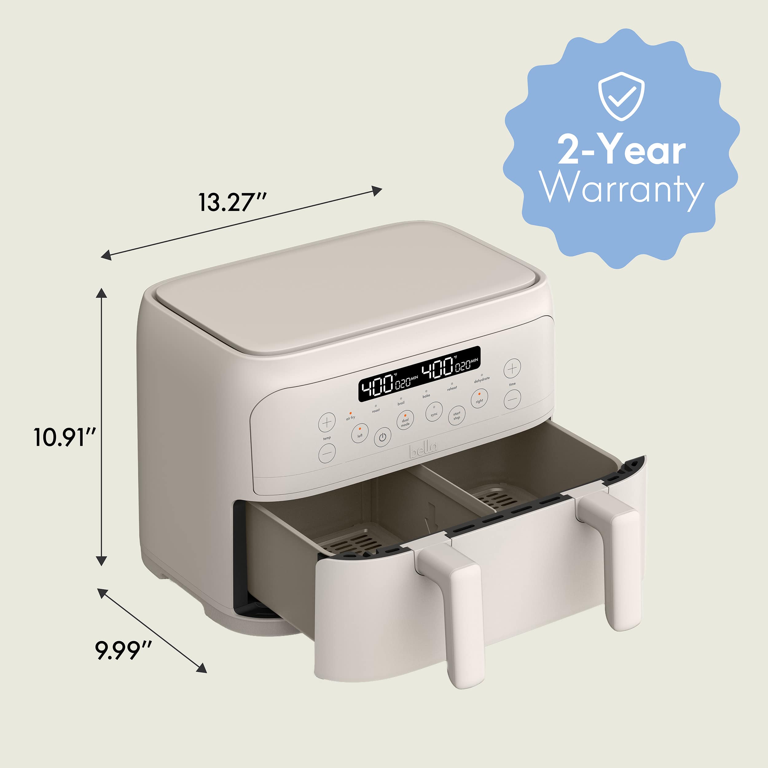 13.27", 10.91", 9.99", 2-Year Warranty, 00:00, 400, 020, 050, bella