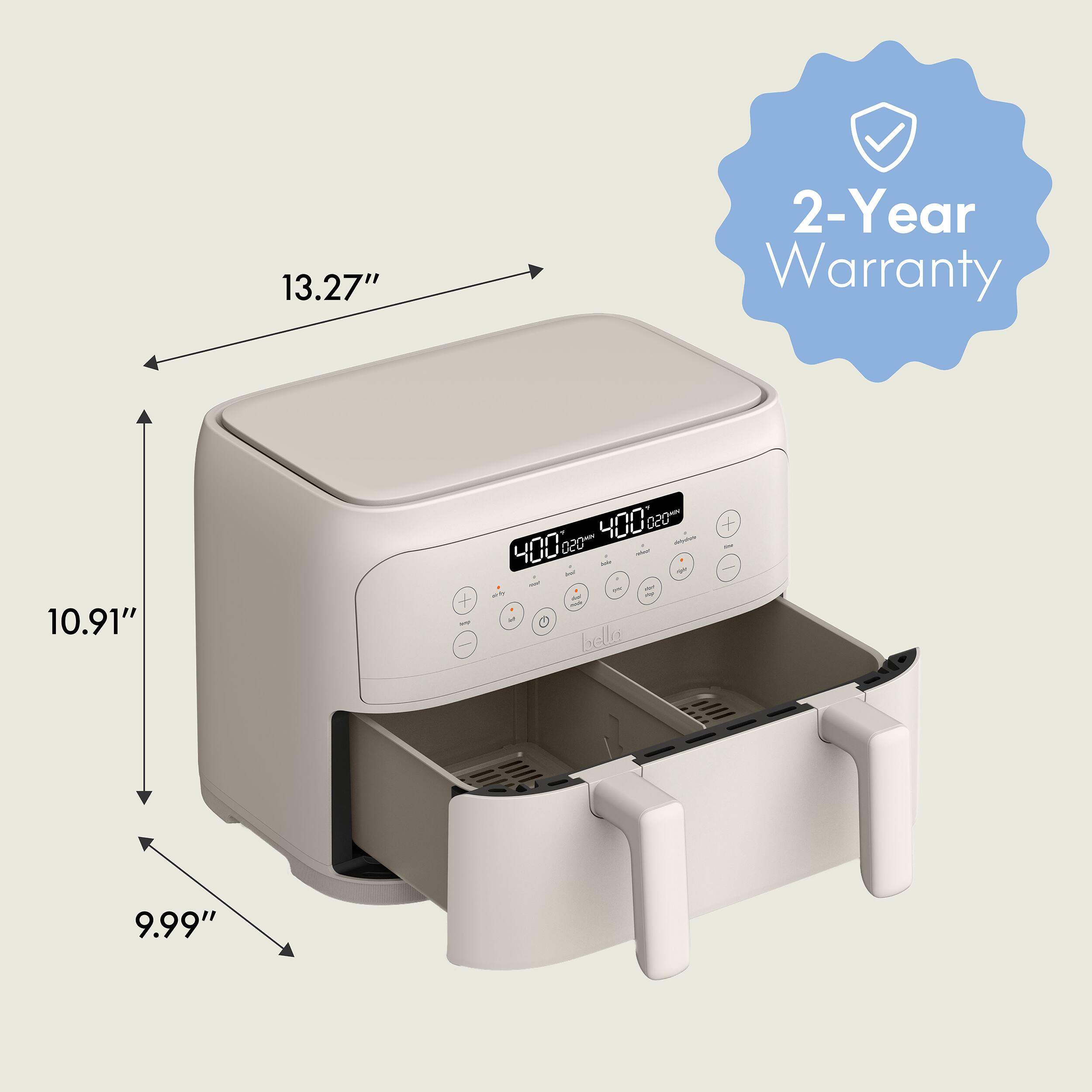 13.27", 10.91", 9.99", 2-Year Warranty, 00:00, 400, 020, 050, bella