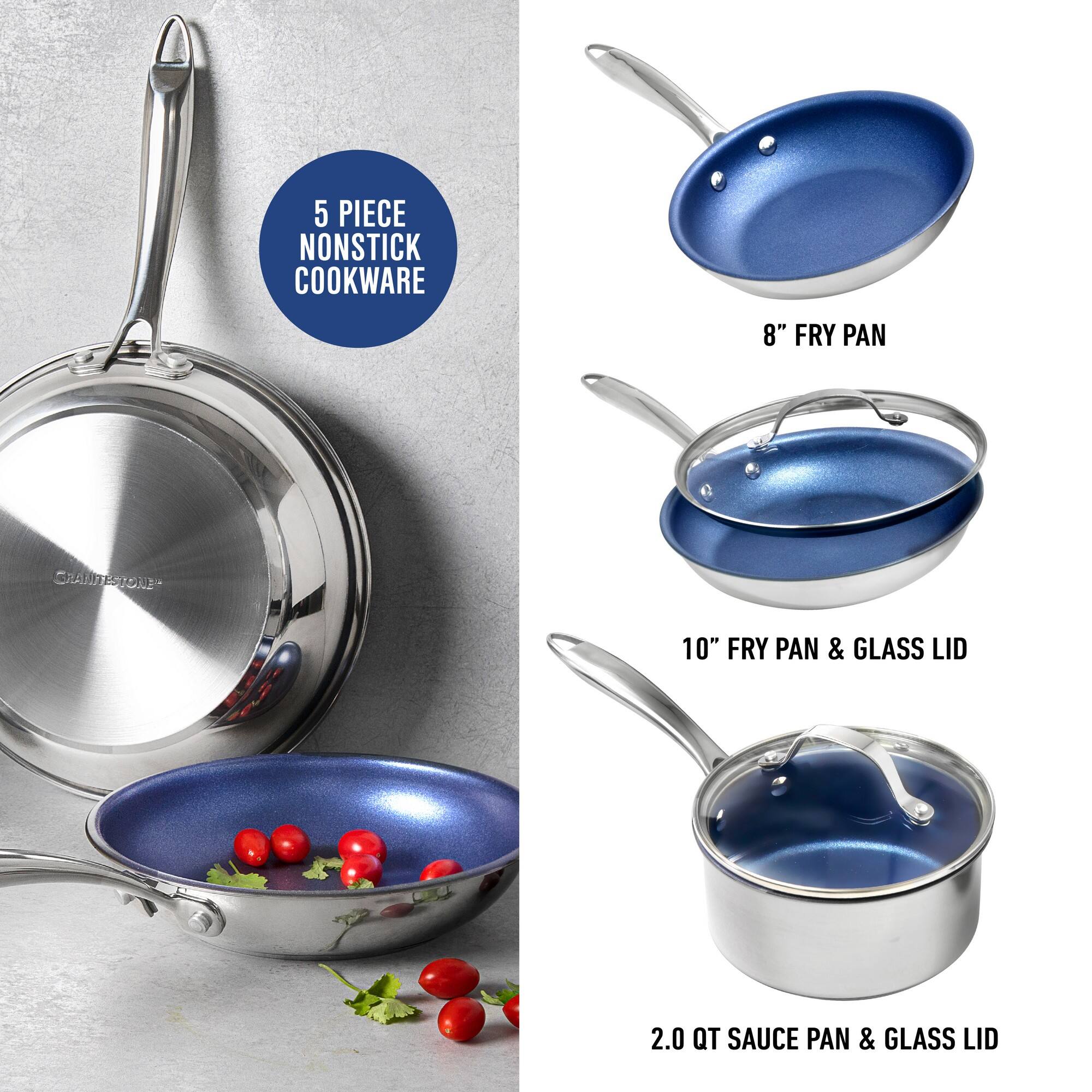 5 PIECE NONSTICK COOKWARE
8" FRY PAN
10" FRY PAN & GLASS LID
2.0 QT SAUCE PAN & GLASS LID