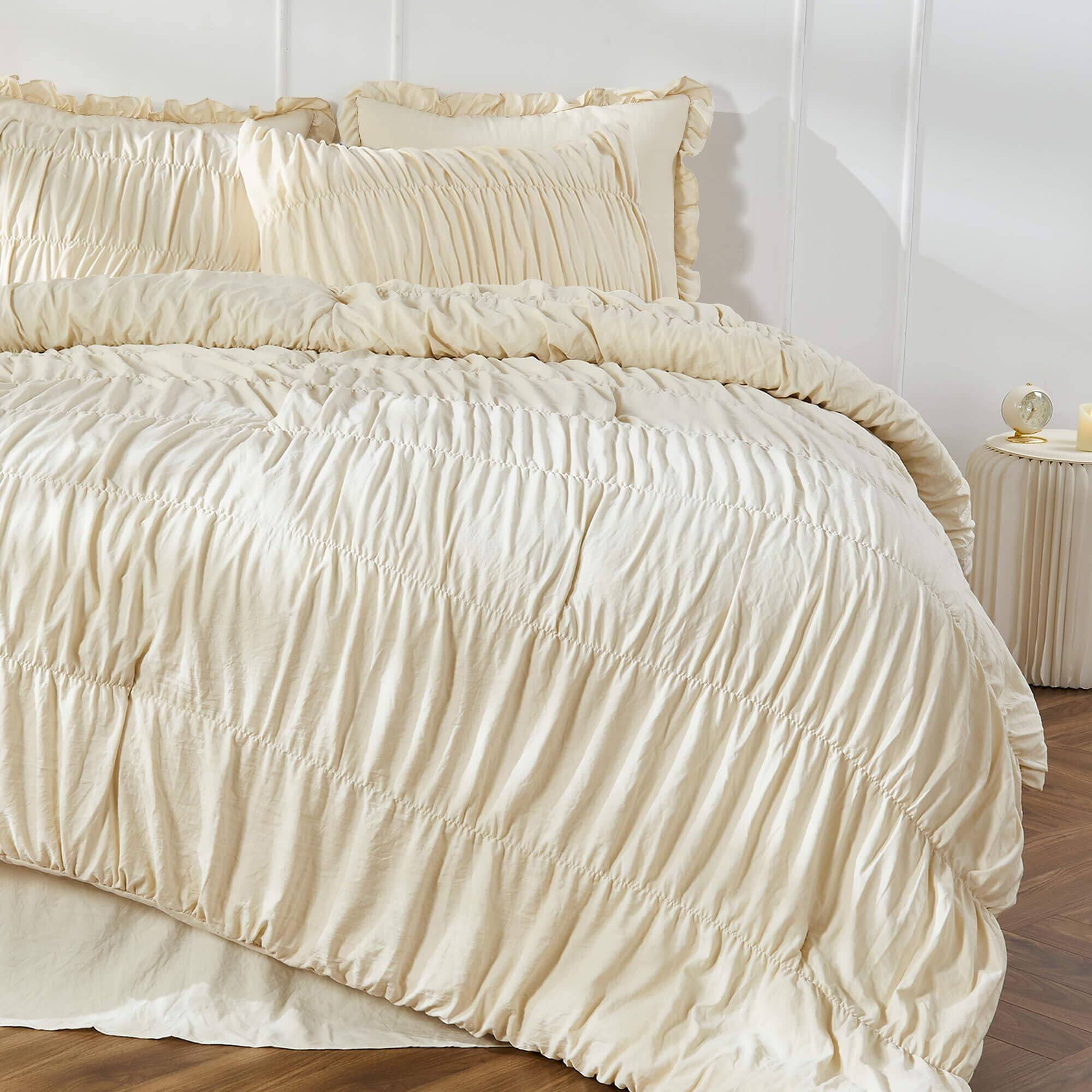 Alt View 3. Comfort Essence - Queen Comforter Set Ruched Size Bed Boho Shabby Chic Bedding For Bedroom Fluffy 3 Piece Ruffle With Pillow - Wheat-Oversized King.