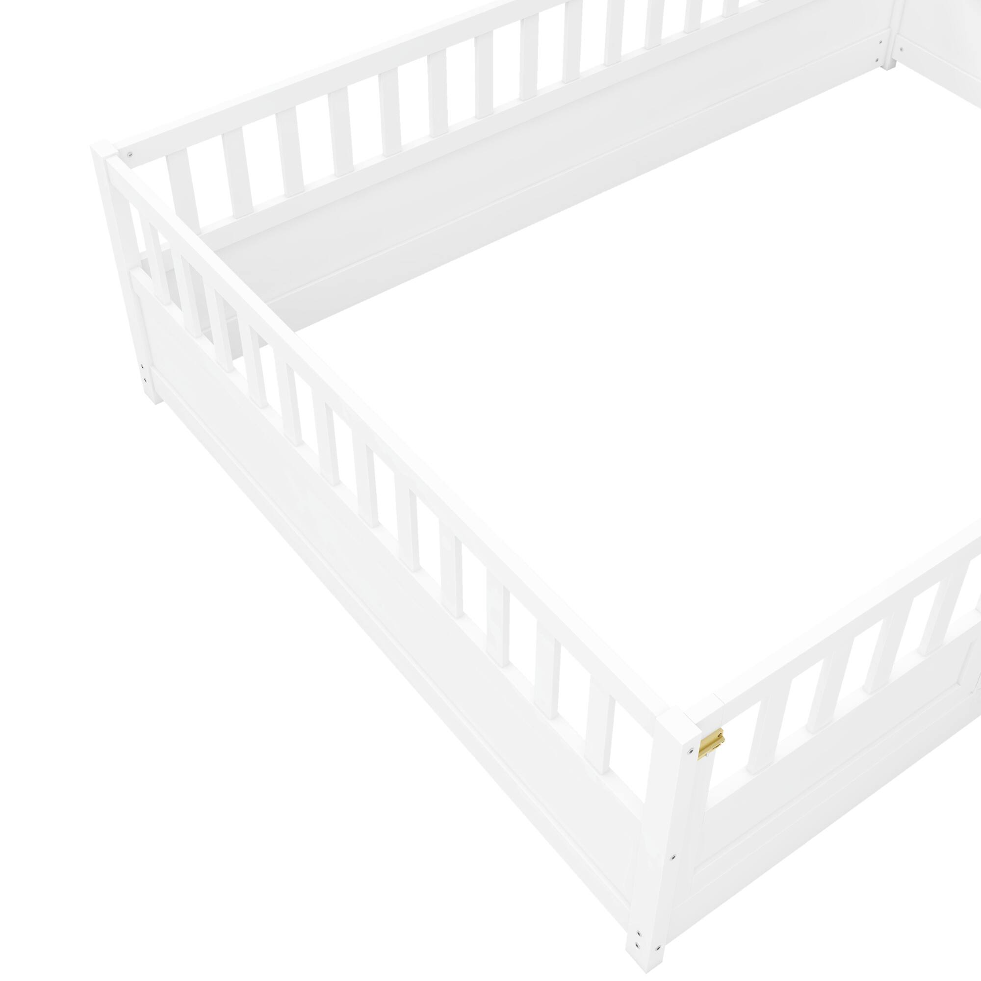 Alt View 10. GOODSILO - Full Size Floor Bed with High Security Barrier and Door for Children, Montessori Style Wooden Frame - White.
