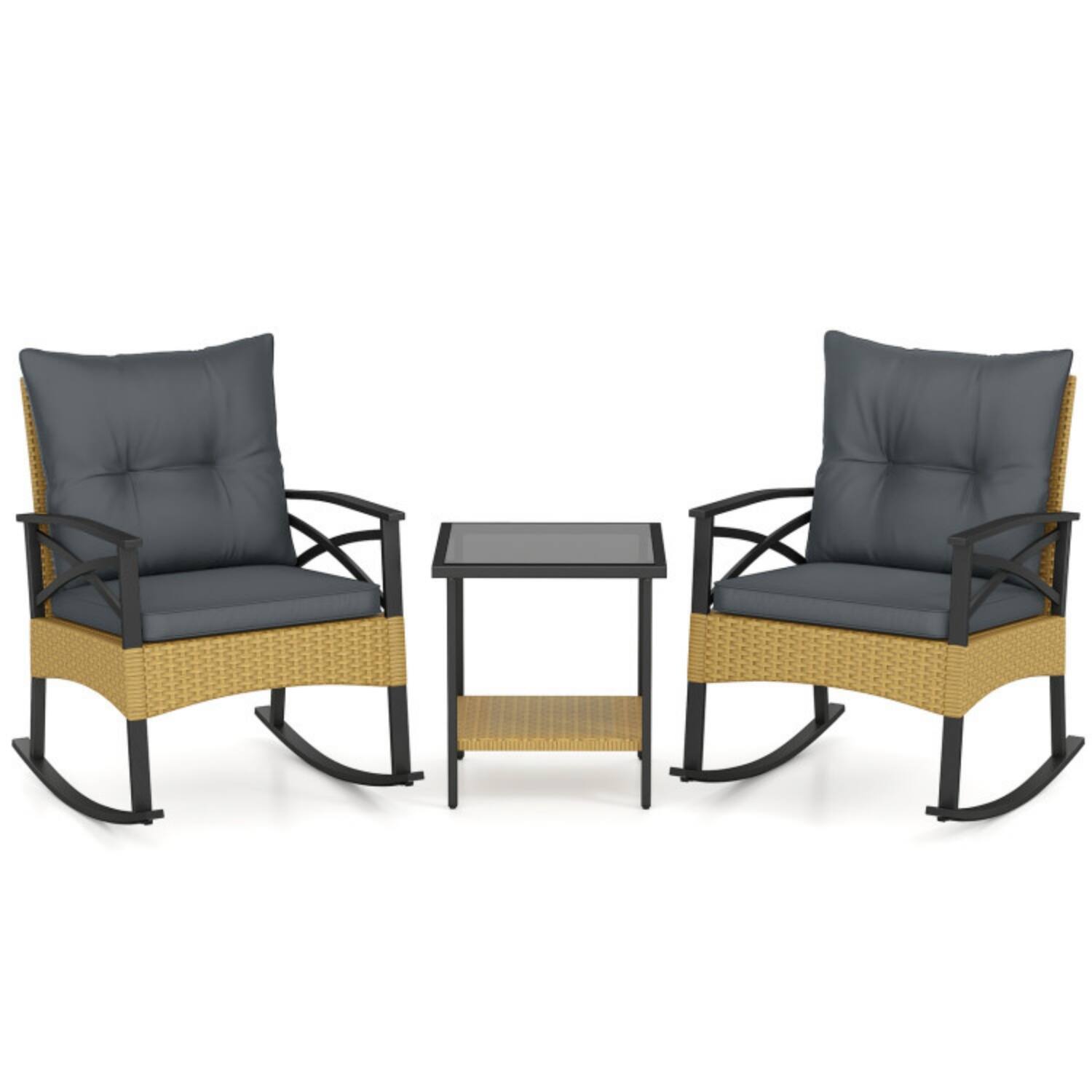 Alt View 4. Mondawe - 32 x 25.5 x 31 IN Freestanding Outdoor Rattan Rocking Chair Set with Table 3-Piece - Mix Brown+Gray.
