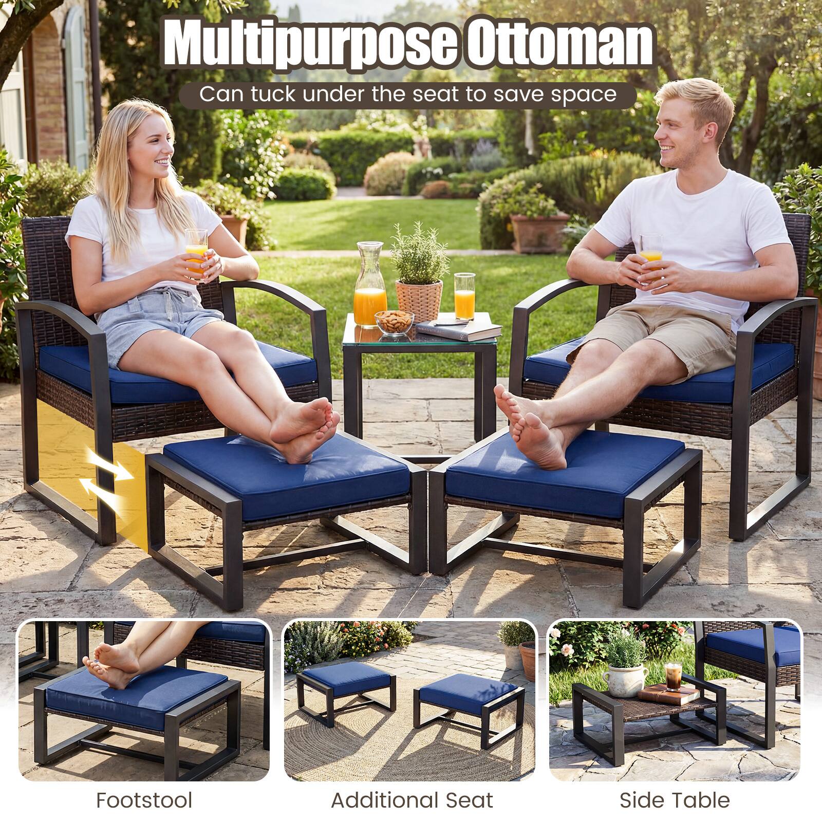 Multipurpose Ottoman  
Can tuck under the seat to save space  

Footstool  
Additional Seat  
Side Table