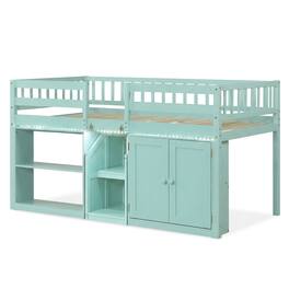 Costway - Low Loft Bed with LED Light, Stairs & Guardrails, Modern Wood Kids Twin Bed - Mint Green