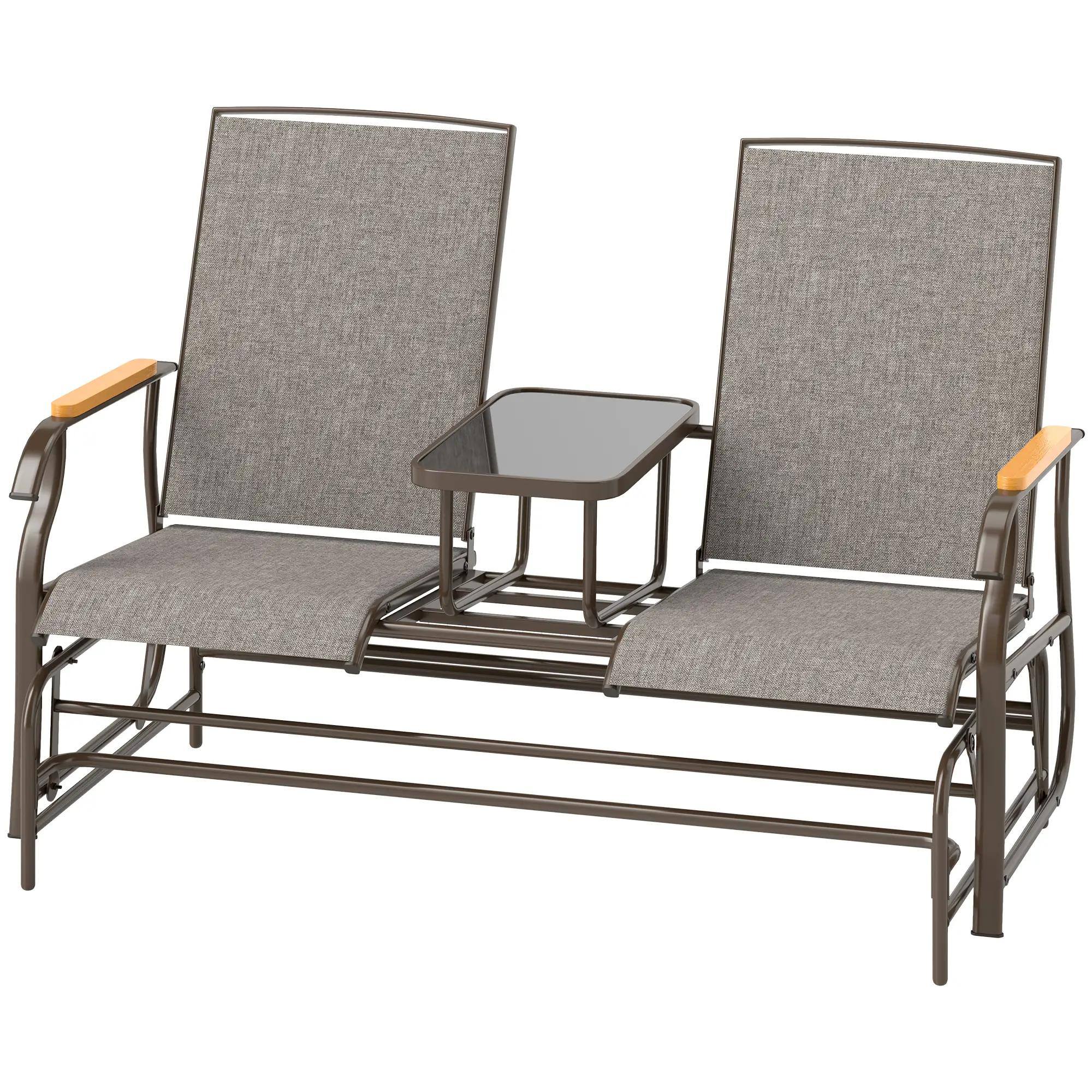 Resenkos - 2-Person Glider Bench, Steel Frame Swing Loveseat with Table, Outdoor Relaxation - Light Mixed Brown