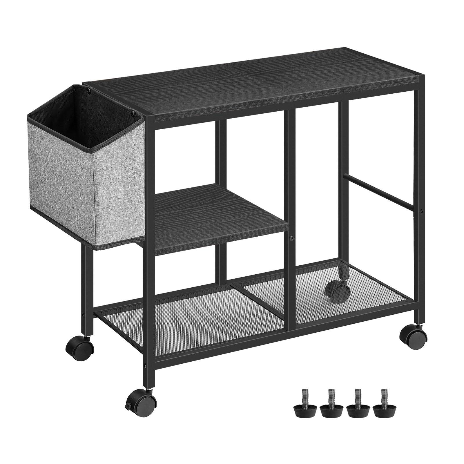 Dazzling Pops - Printer Stand with Storage Bag, 3-Tier Mobile Under Desk Printer Cart with Wheels, Wood Rolling Printer Tab - Black