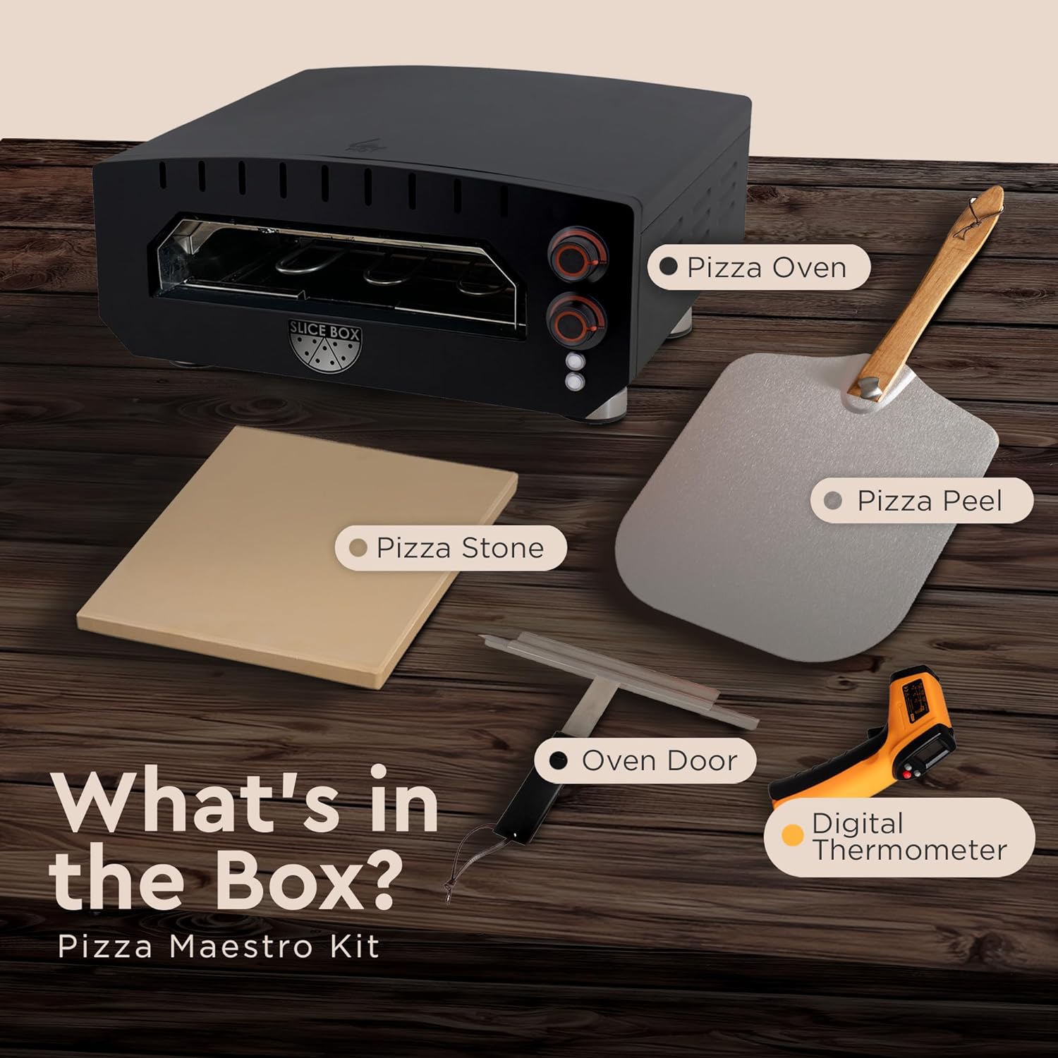 The text on the image is grouped and corrected as follows:

What's in the Box? Pizza Maestro Kit Oven Door Digital Thermometer Pizza Peel Pizza Stone