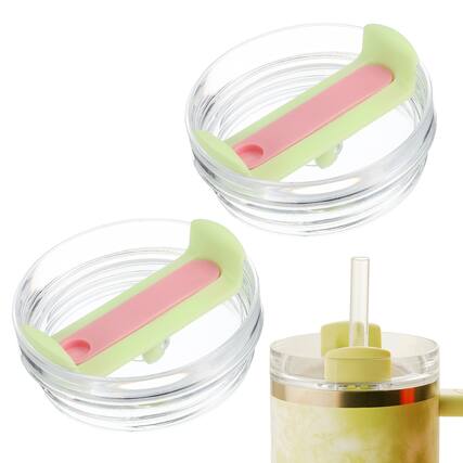 Front. Unique Bargains - 2pcs 40oz Travel Tumbler Lid Replacement for Stanley Cup, Spill Proof Splash Resistant (Transparent) - Green/Pink.