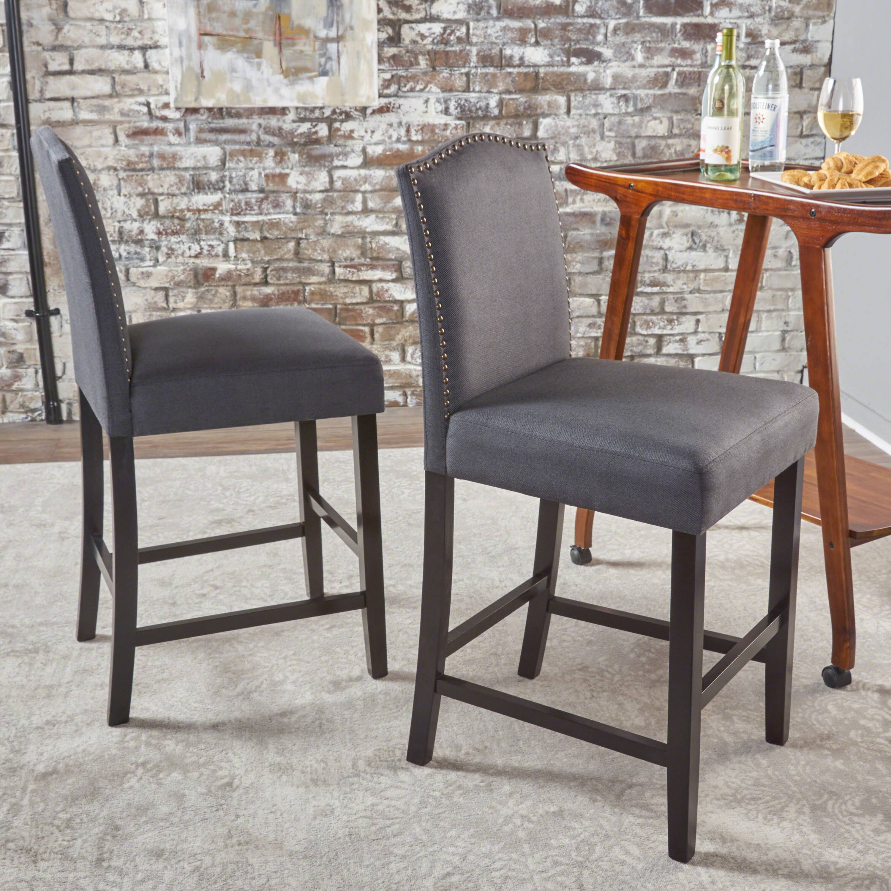 Angle. Lirago - 19 Inch Counter Height Barstools Set of 2 Upholstered Fabric Walnut Finish Nailhead Trim - Grey.