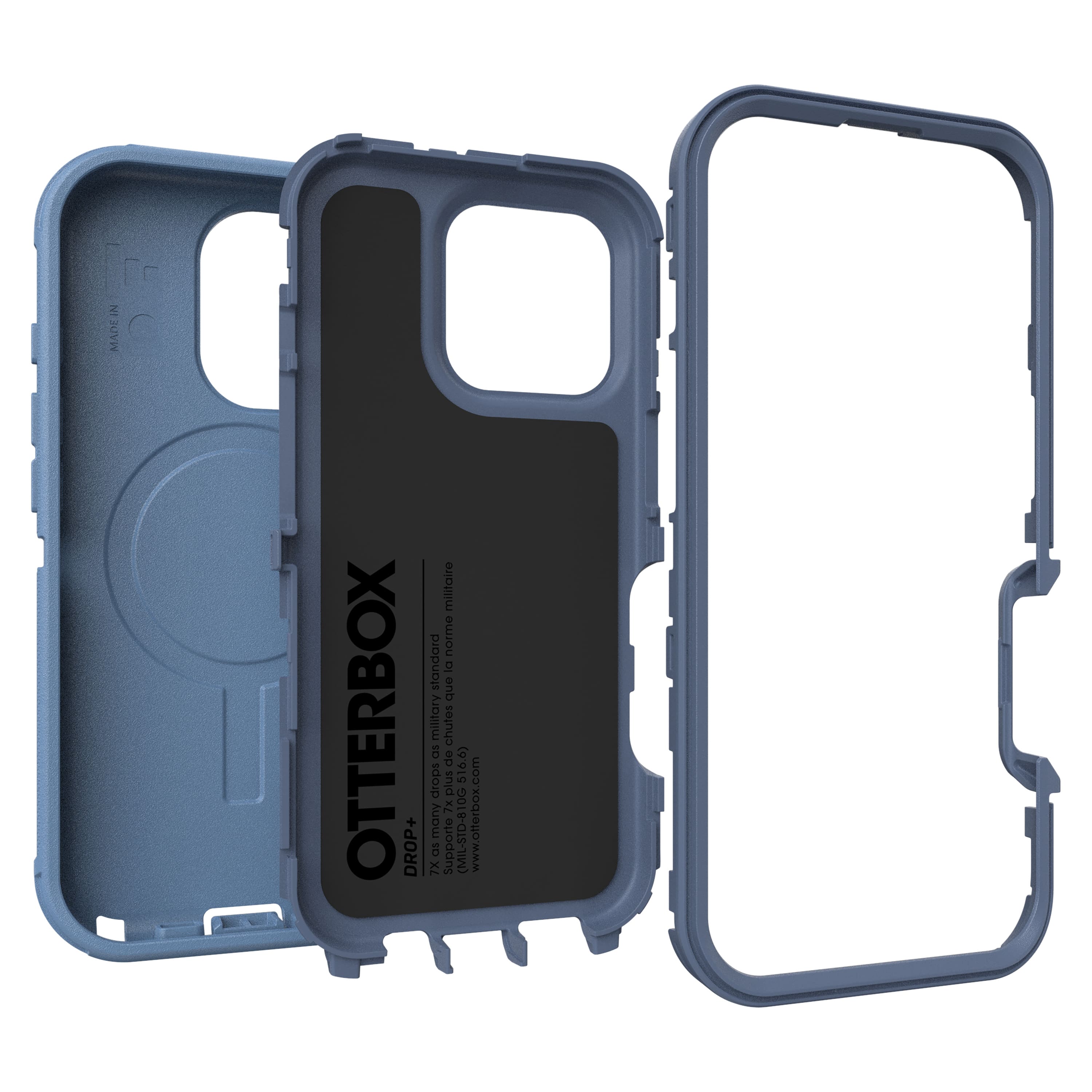 The text on the image reads: "Made in China. Otterbox Drop+ military standard. 10 ft. drop protection. 16.6" com drops in plus UG 7x TX many 6 Supporte (MIL-STD-810G). www.otterbox.com."
