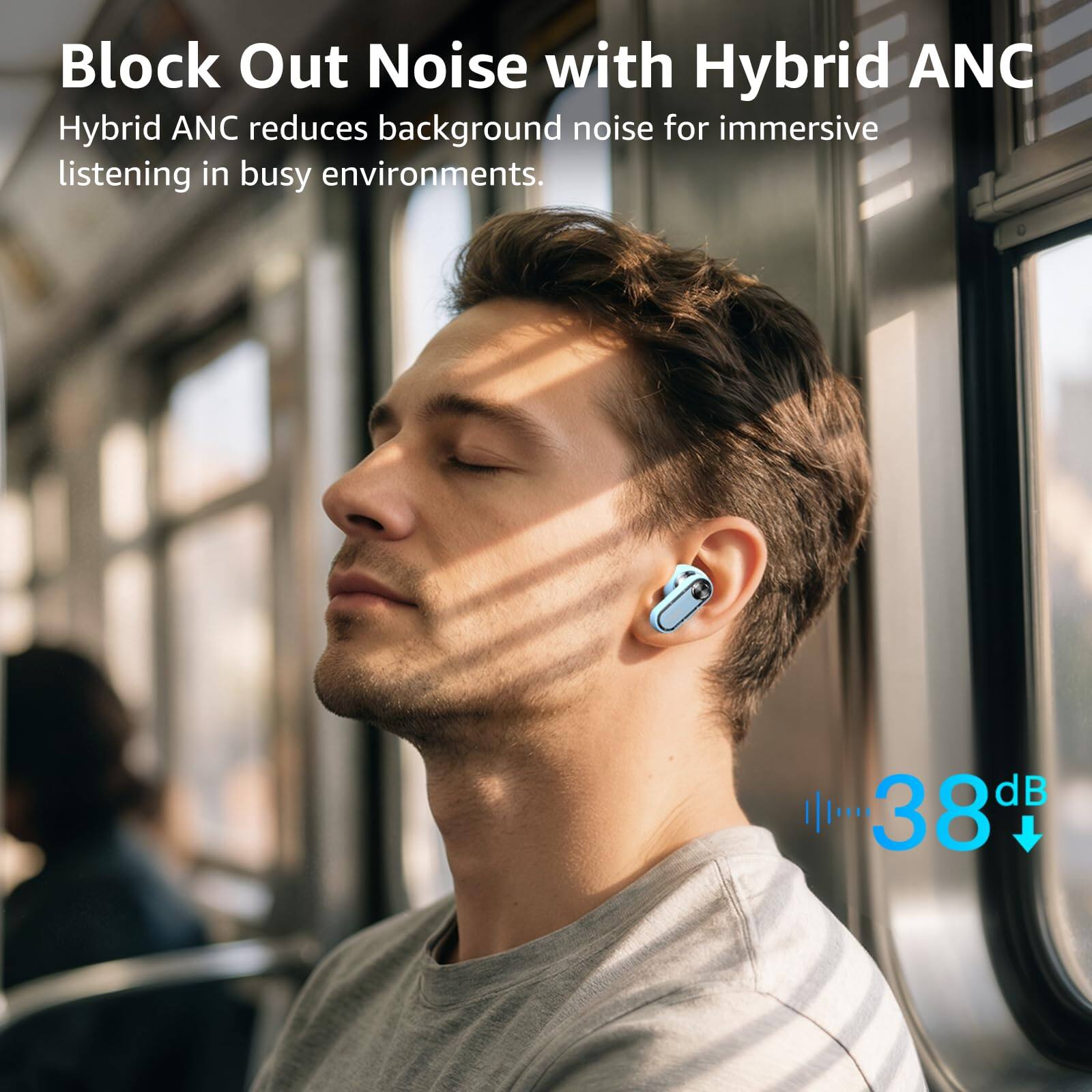 Block Out Noise with Hybrid ANC

Hybrid ANC reduces background noise for immersive listening in busy environments.

38 dB