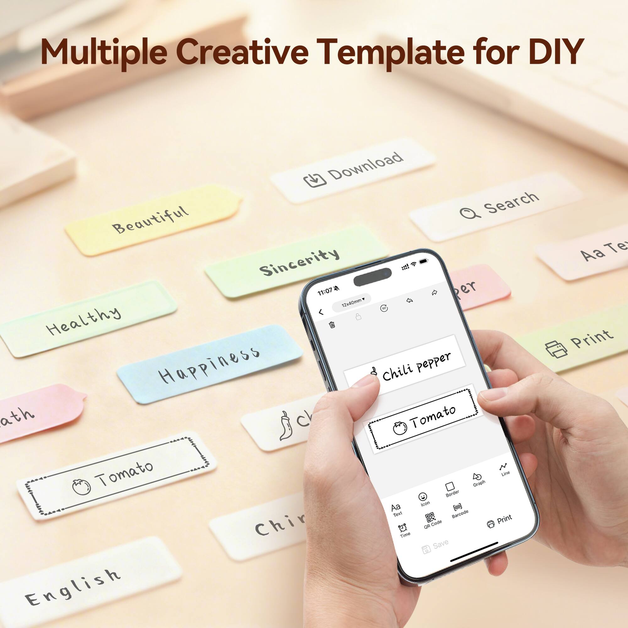 Multiple Creative Template for DIY Download Search Beautiful Aa Te Sincerity il 11:07 a er Suddnee Healthy Print Happiness Chili pepper ath Tomato N Tomato Grogin Le Bsder A Aa  Tel  Barciode Print Chir - - t Tie Save English