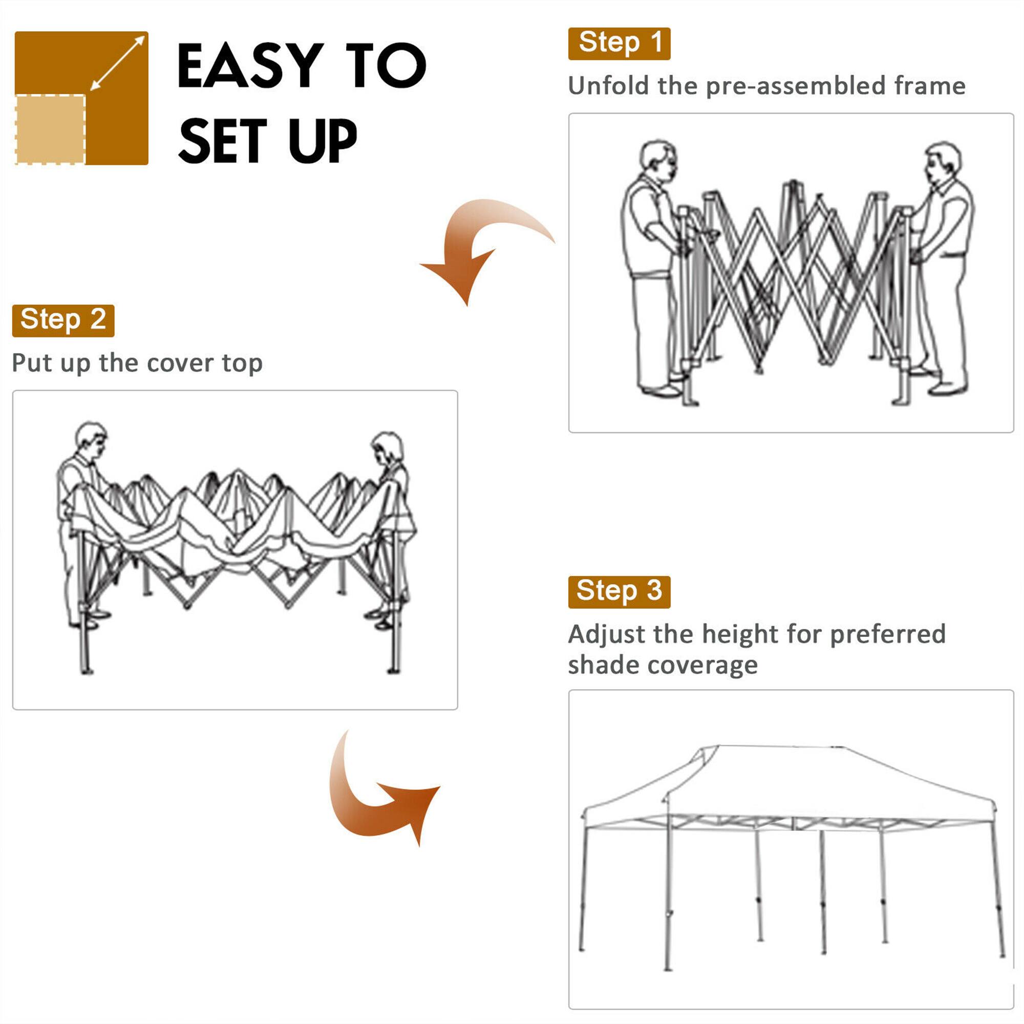 EASY TO SET UP

Step 1: Unfold the pre-assembled frame

Step 2: Put up the cover top

Step 3: Adjust the height for preferred shade coverage