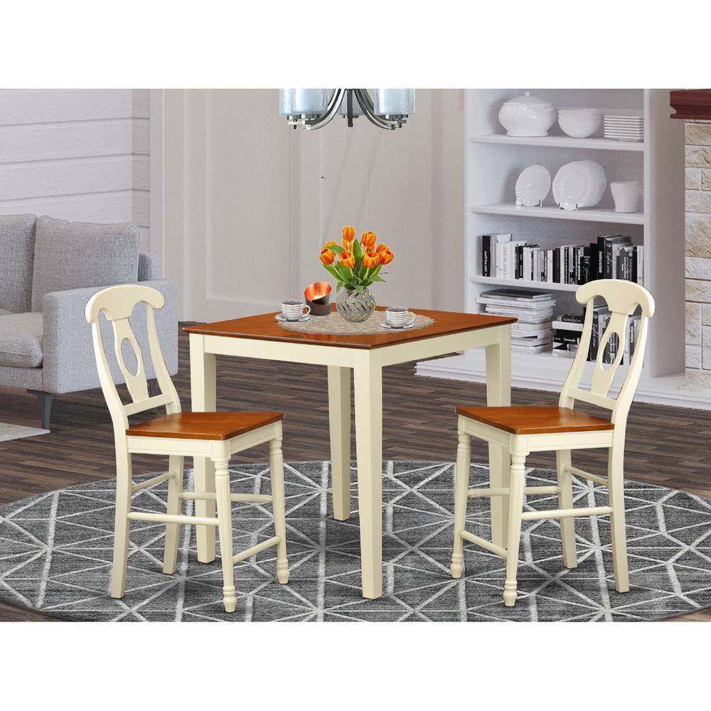 Back. East West Furniture - 3 Pc counter height Dining set - counter height Table and 2 Kitchen Chairs. - Buttermilk & Cherry.