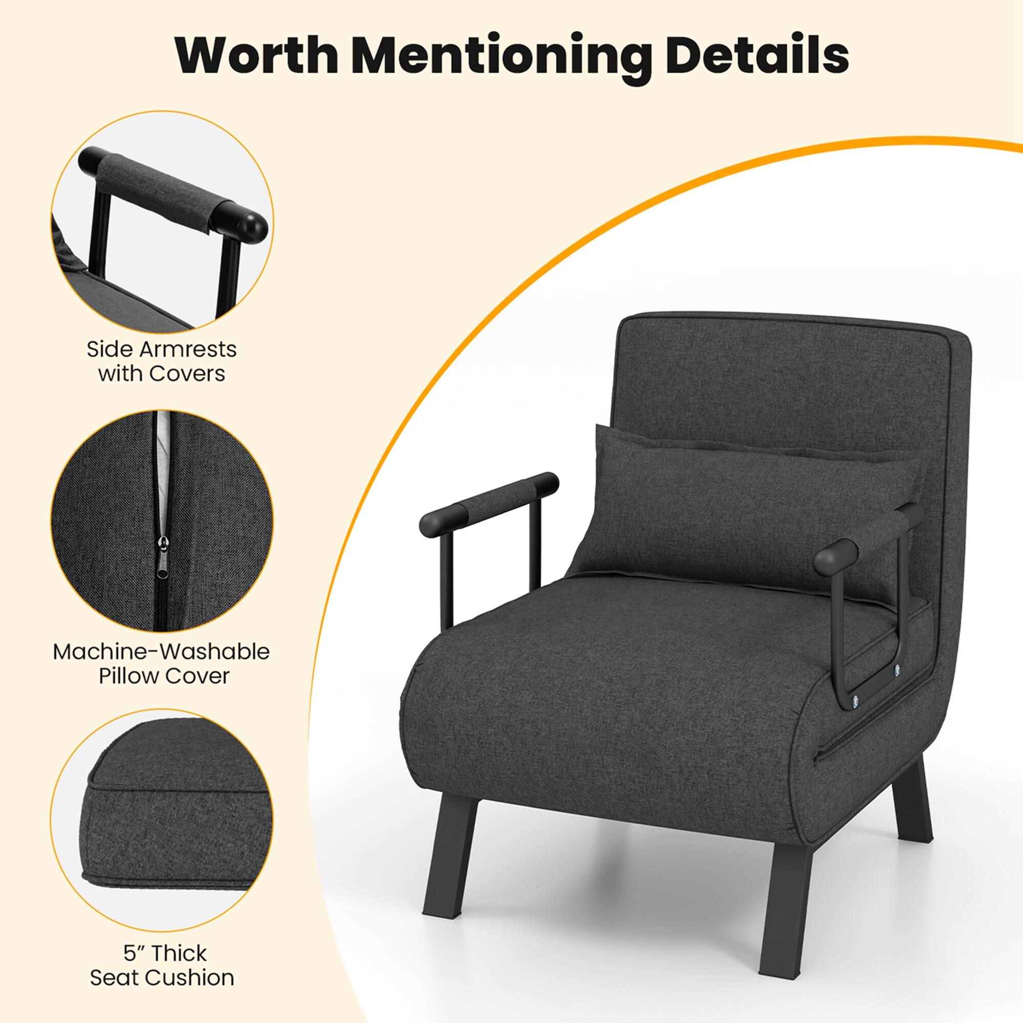 Worth Mentioning Details

- Side Armrests with Covers
- Machine-Washable Pillow Cover
- 5" Thick Seat Cushion