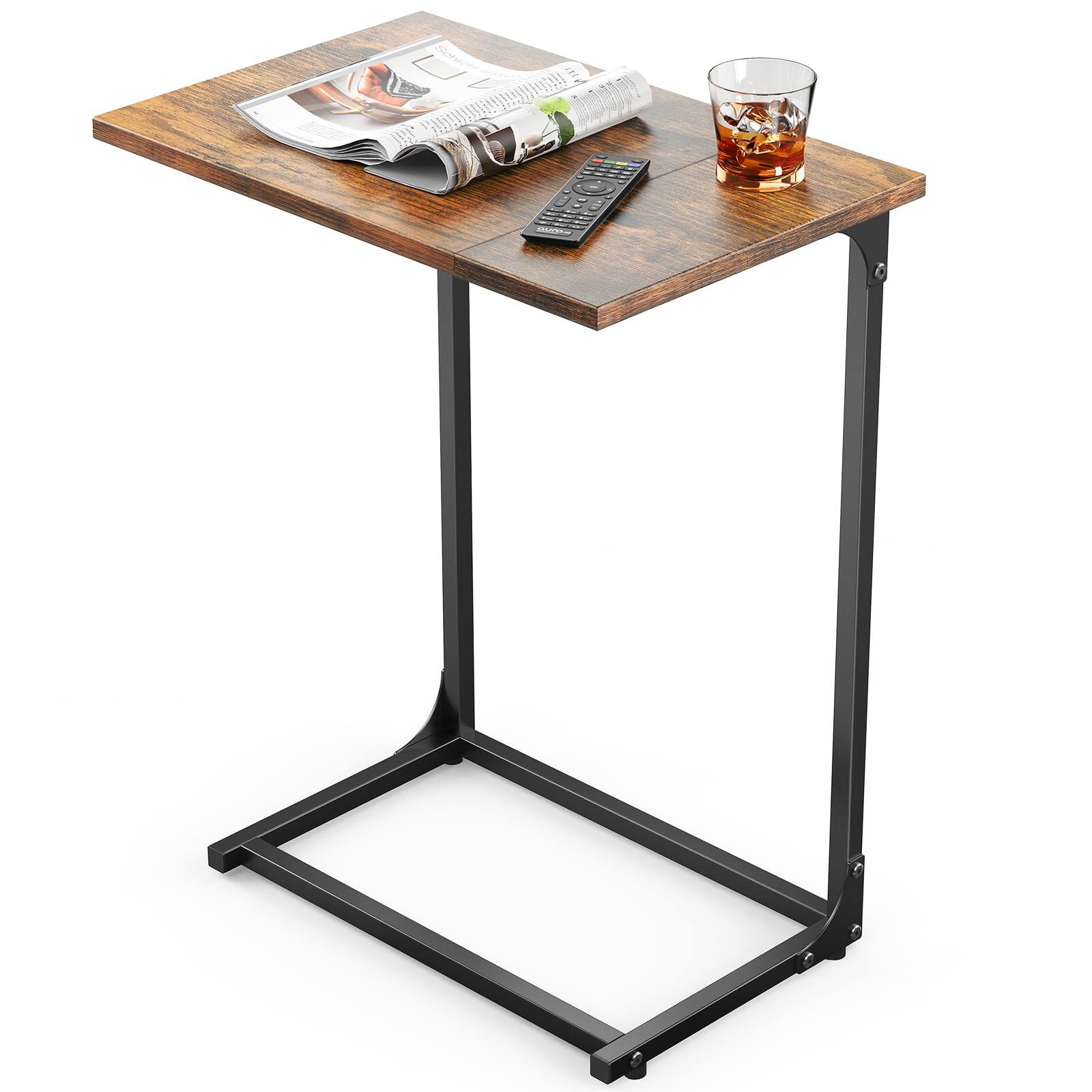 Fabibe - C-shaped Side Table C-table For Sofa End With Metal Frame Large Surface Couch Living Room Bedroom And Home - Vintage Rustic Brown